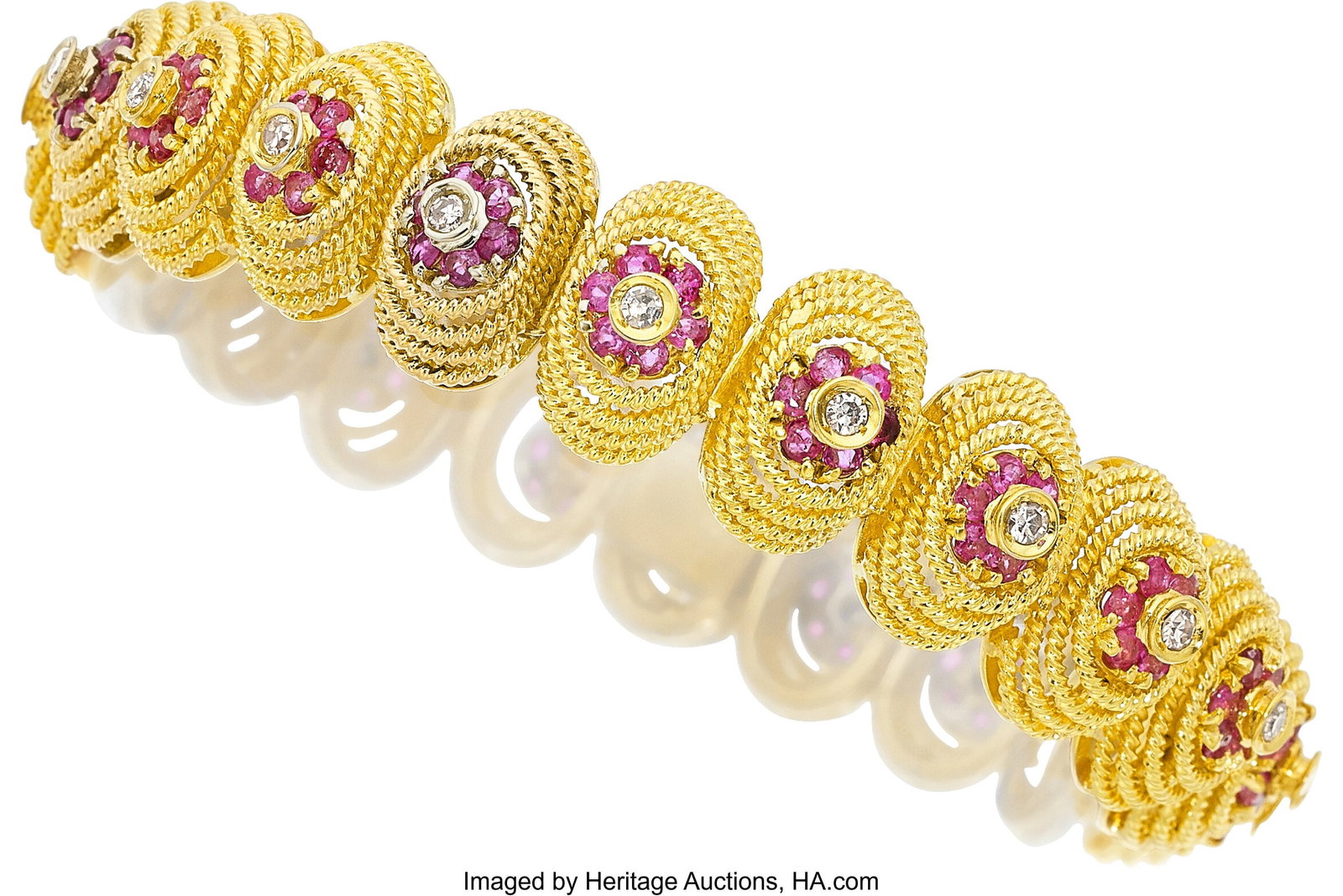 Diamond, Ruby, Gold Bracelet Stones: Single-cut: Diamond, Ruby, Gold Bracelet Stones: Single-cut diamonds weighing a total of approximately 0.80 carat; round-shaped rubies weighing a total of approximately 4.80 c
