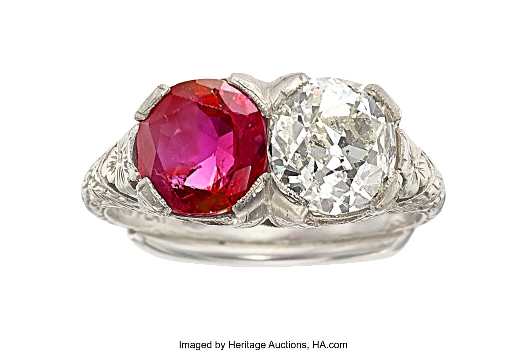 Art Deco Burma Ruby, Diamond, Platinum Ring Sto: Art Deco Burma Ruby, Diamond, Platinum Ring Stones: Round-shaped ruby weighing approximately 1.35 carats; mine-cut diamond weighing approximately 1.60 carats Metal