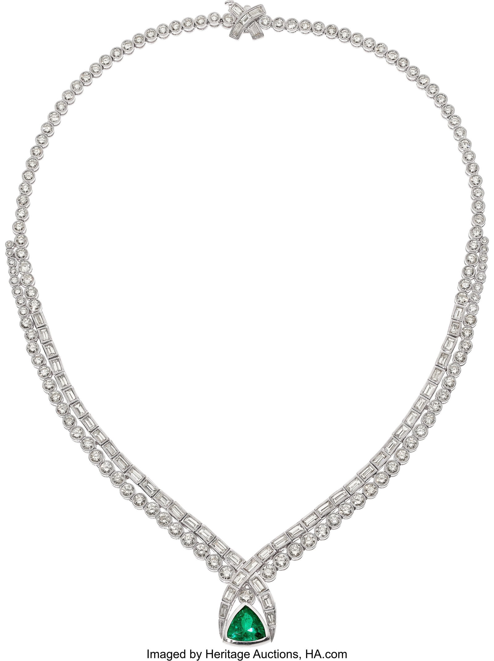 Colombian Emerald, Diamond, Platinum Necklace S: Colombian Emerald, Diamond, Platinum Necklace Stones: Triangular-shaped emerald weighing approximately 3.50 carats; full-cut diamonds weighing a total of approximately 12