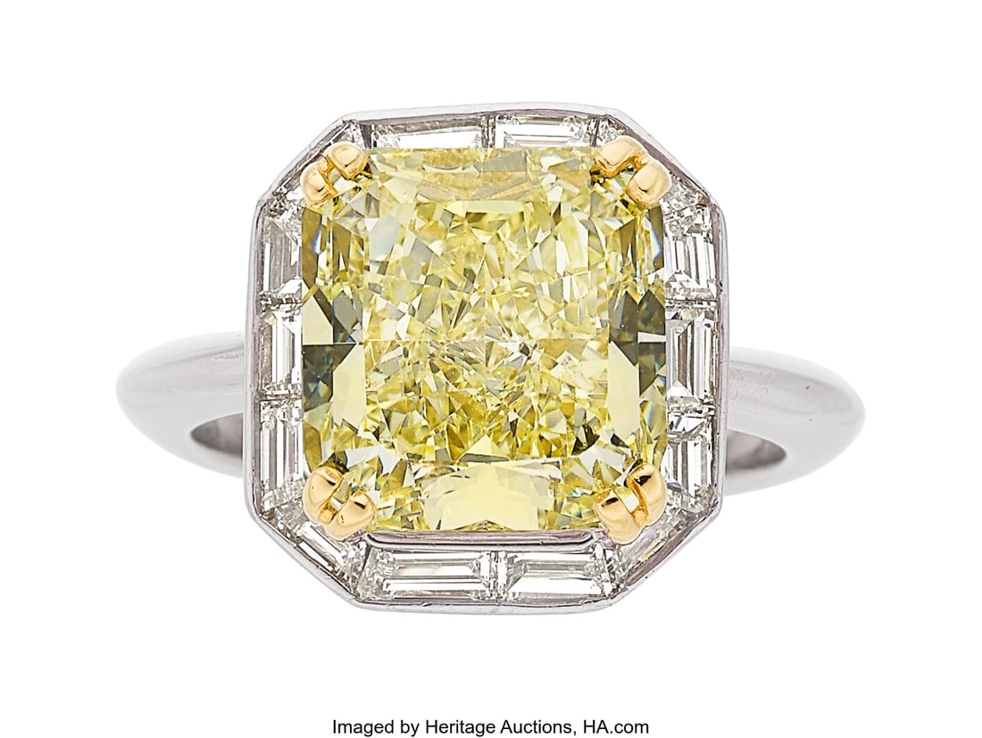 Tiffany & Co. Fancy Yellow Diamond, Diamond, Pl: Tiffany & Co. Fancy Yellow Diamond, Diamond, Platinum, Gold Ring Stones: Cut-cornered square-shaped fancy yellow diamond weighing 5.76 carats; calibr&eac