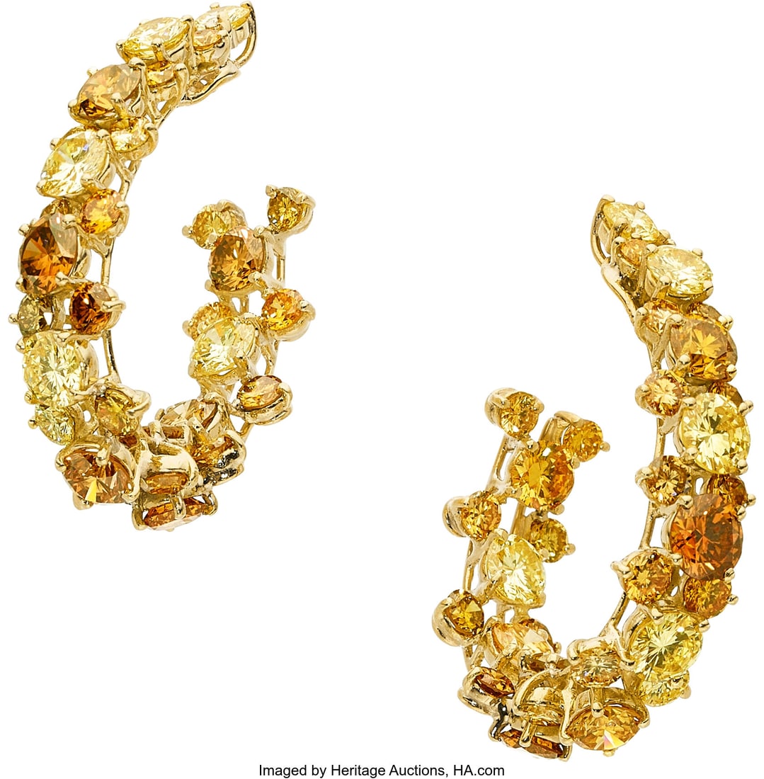 Colored Diamond, Gold Earrings Stones: Round br: Colored Diamond, Gold Earrings Stones: Round brilliant and full-cut colored diamonds weighing a total of approximately 6.75 carats Metal: 18k gold Gross Weight: 14&perio