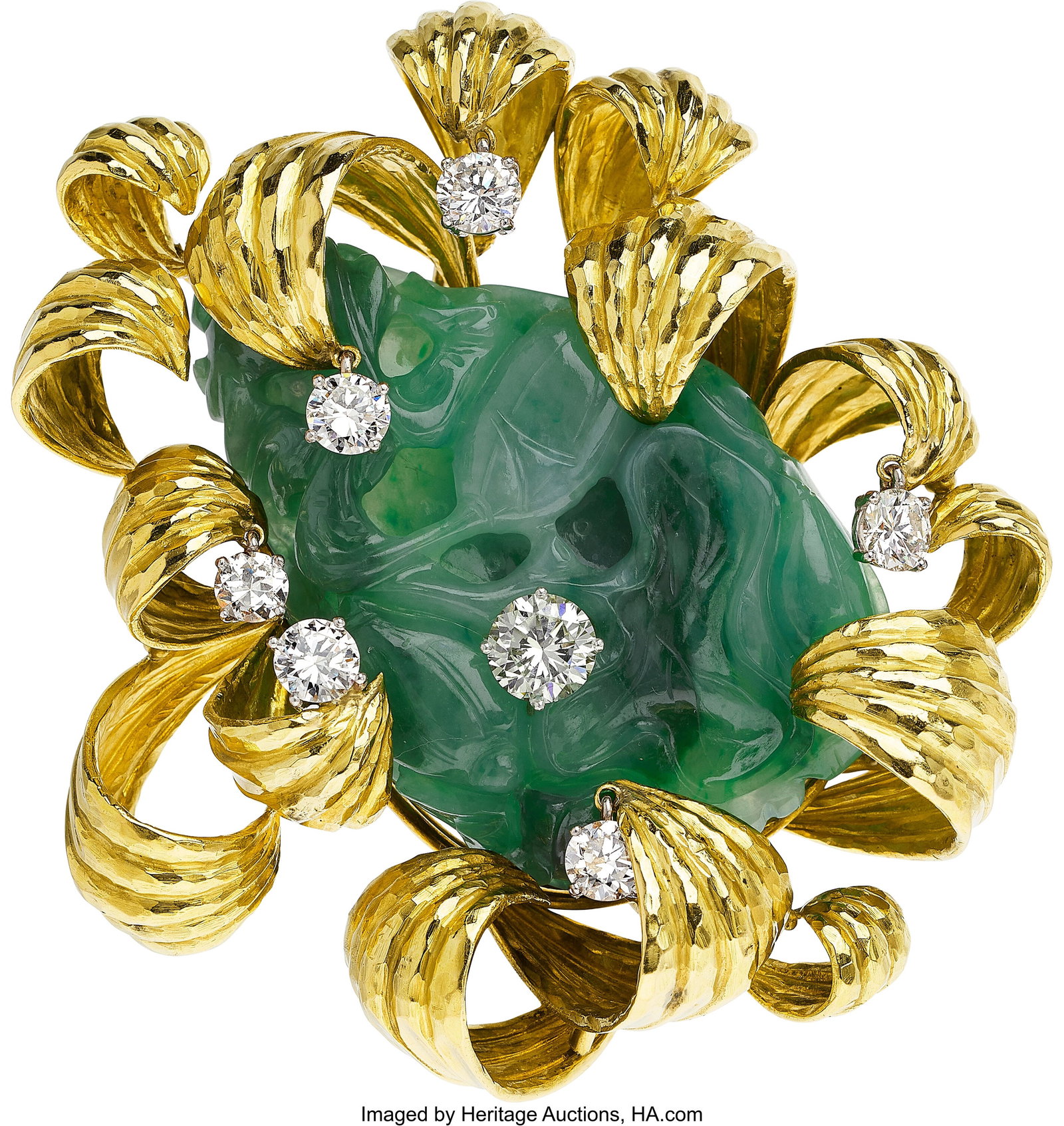 David Webb Diamond, Jadeite Jade, Gold Brooch S (1 of 2)