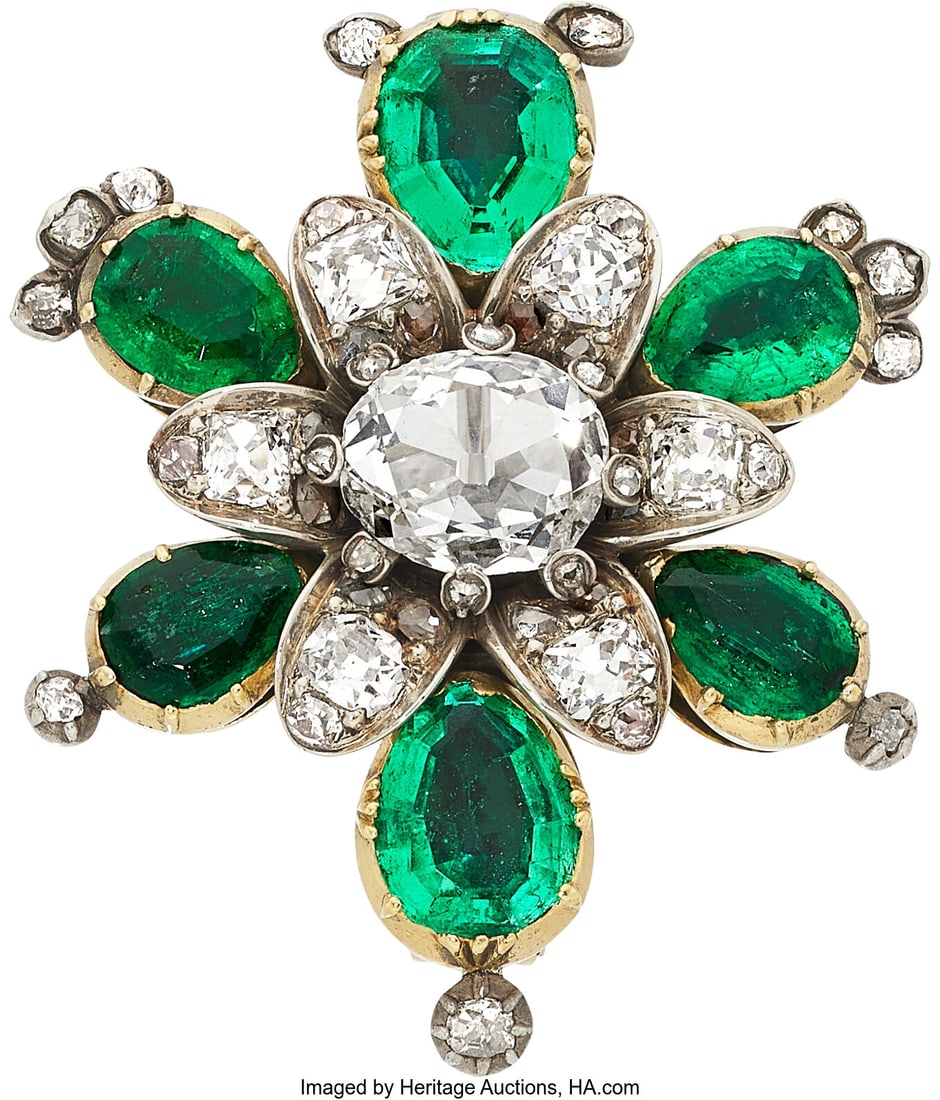 Antique Diamond, Emerald, Gold, Silver Brooch S: Antique Diamond, Emerald, Gold, Silver Brooch Stones: Oval-shaped diamond weighing approximately 1.00 carat; mine-cut diamonds weighing a total of approximately 1&p