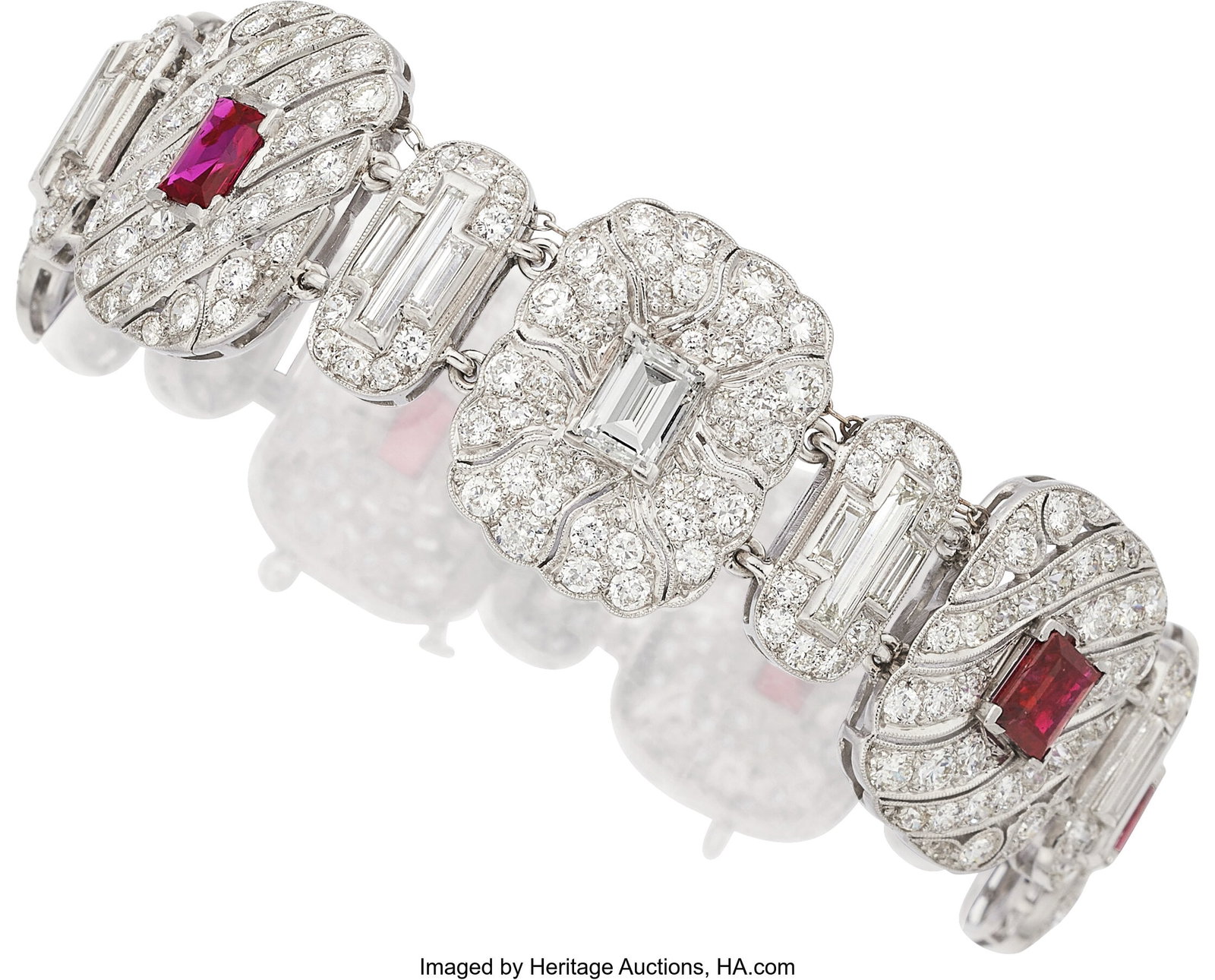 Ruby, Diamond, Platinum Bracelet Stones: Rectan: Ruby, Diamond, Platinum Bracelet Stones: Rectangular-shaped rubies weighing a total of approximately 6.75 carats; baguette-cut diamond weighing approximately 0.75