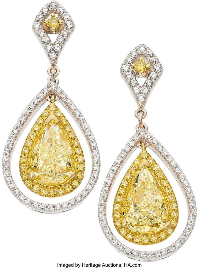 Colored Diamond, Diamond, Gold Earrings Stones:: Colored Diamond, Diamond, Gold Earrings Stones: Pear-shaped diamonds weighing a total of 2.27 carats; full-cut diamonds weighing a total of approximately 0.60 cara