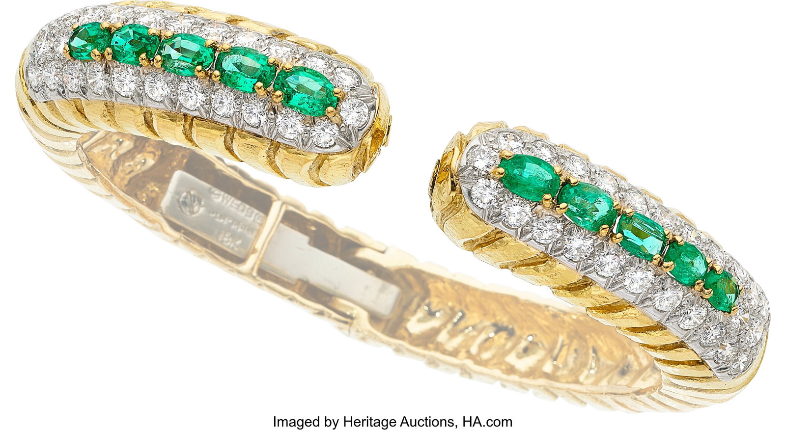 David Webb Emerald, Diamond, Platinum, Gold Brac: David Webb Emerald, Diamond, Platinum, Gold Bracelet Stones: Oval-shaped emeralds weighing a total of approximately 3.00 carats; full-cut diamonds weighing a total