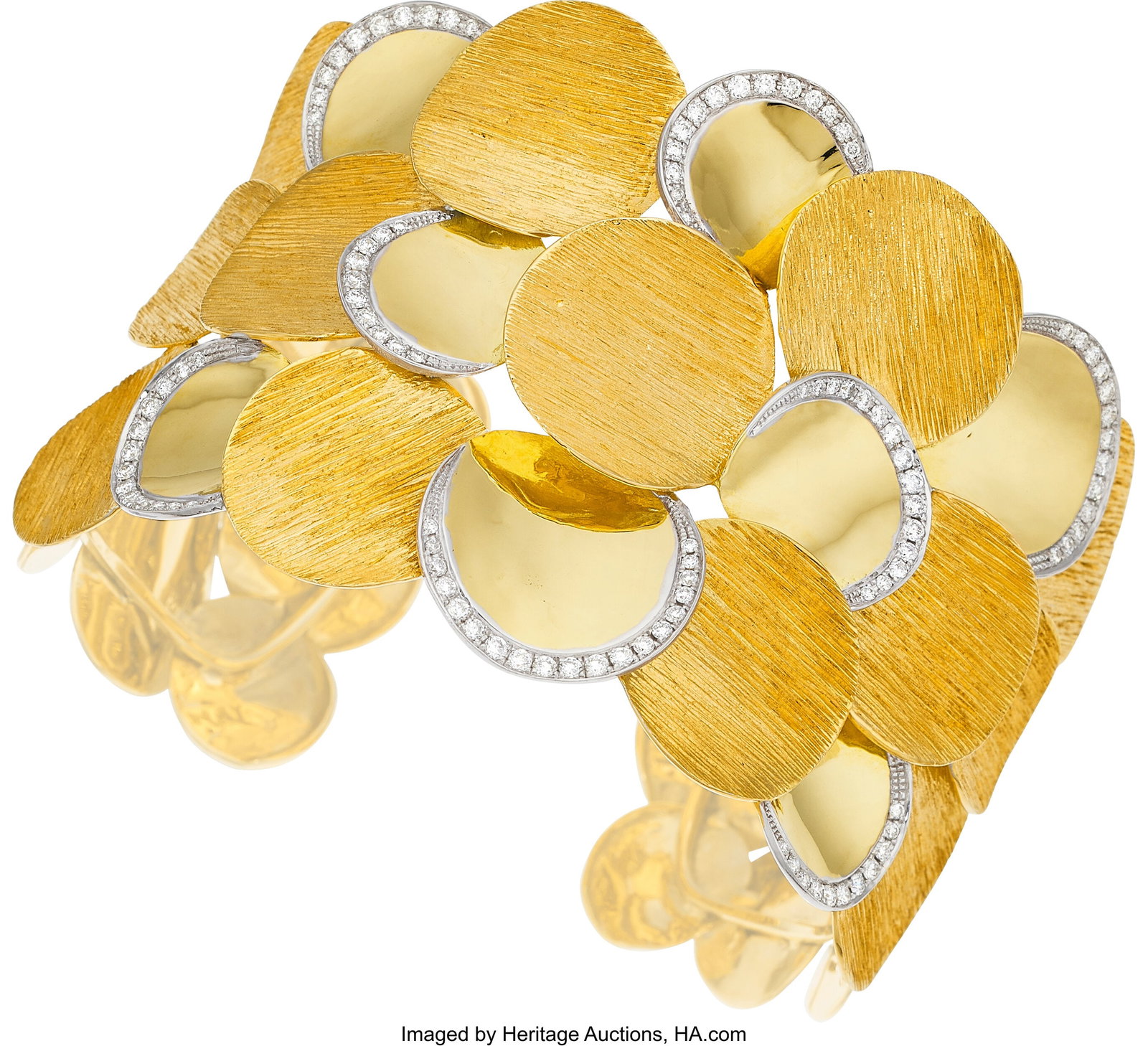 Diamond, Gold Bracelet Stones: Full-cut diamond: Diamond, Gold Bracelet Stones: Full-cut diamonds weighing a total of approximately 0.90 carat Metal: 18k gold Gross Weight: 60.60 grams Dimensions: 6-1/