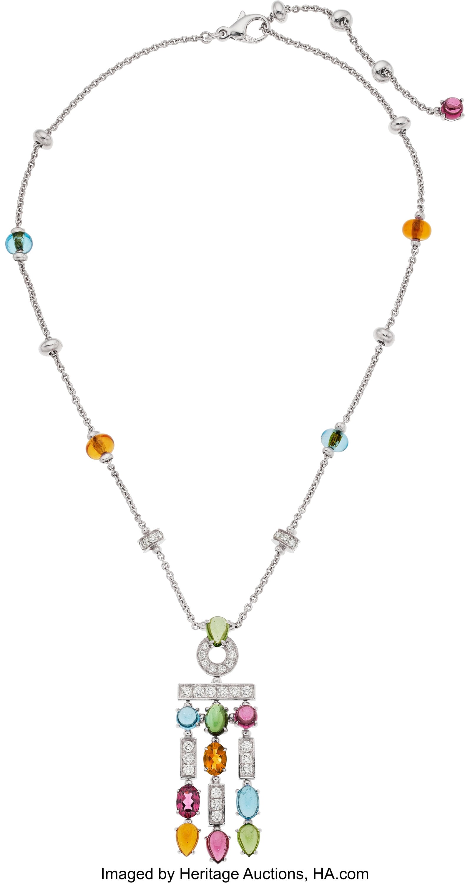 Bvlgari Diamond, Multi-Stone, White Gold Necklac: Bvlgari Diamond, Multi-Stone, White Gold Necklace Stones: Full-cut diamonds weighing a total of approximately 1.25 carats; oval-shaped rhodolite garnet weighing approxima