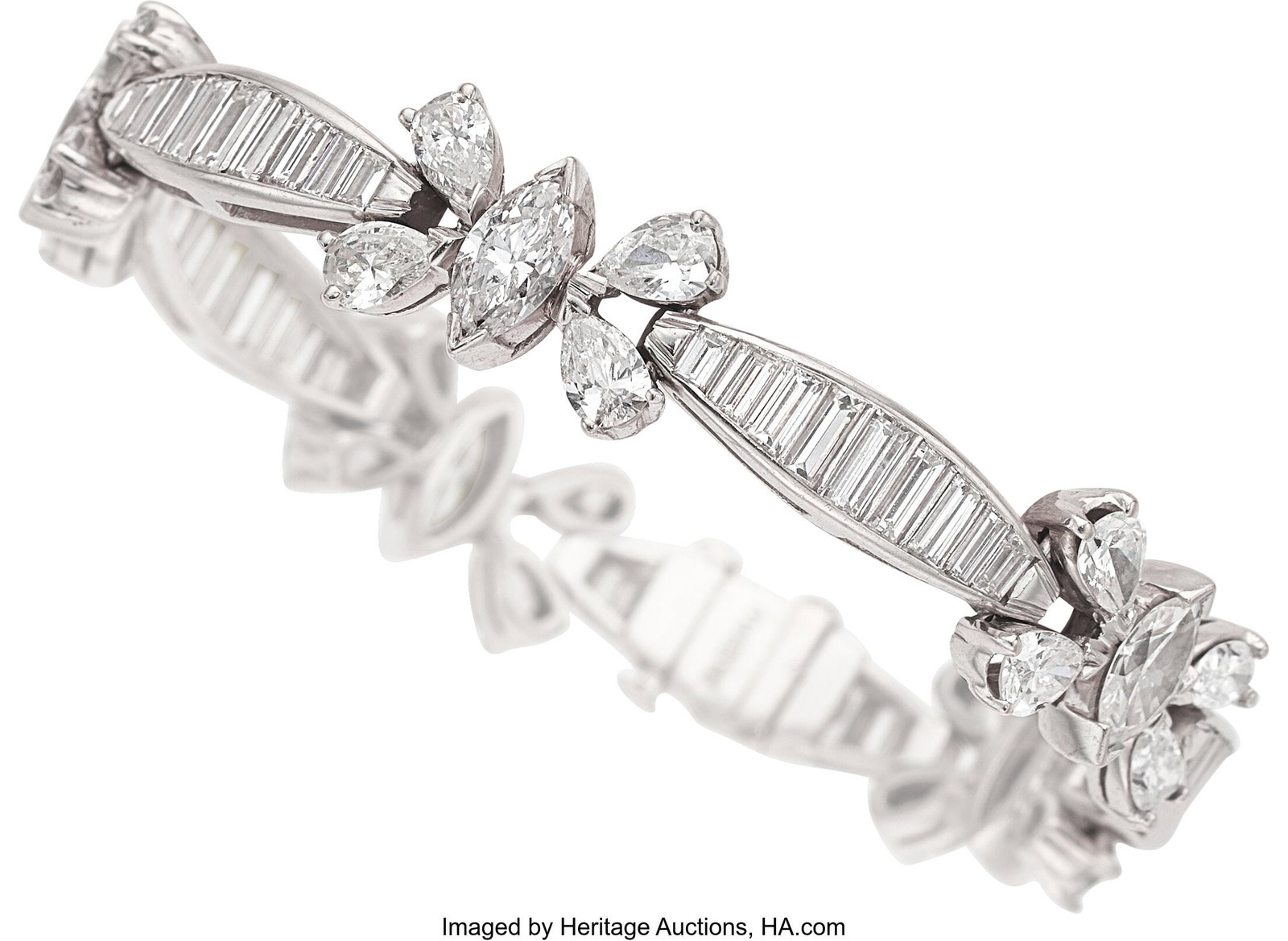 Diamond, Platinum Bracelet Stones: Marquise-sha: Diamond, Platinum Bracelet Stones: Marquise-shaped diamonds weighing a total of approximately 2.35 carats; pear-shaped diamonds weighing a total of approximately 3.75 ca