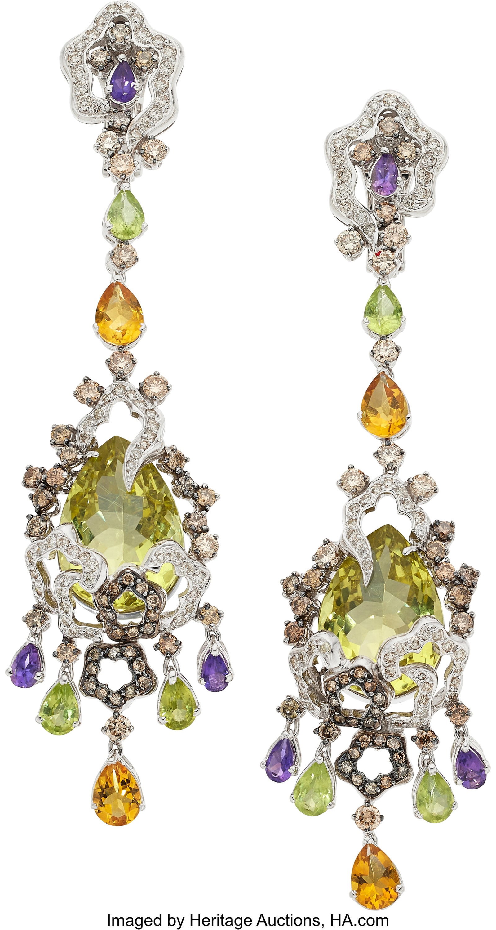 Yessayan Multi-Stone, Colored Diamond, Diamond, : Yessayan Multi-Stone, Colored Diamond, Diamond, White Gold Earrings Stones: Pear-shaped citrines, amethysts, and peridots; full-cut colored diamonds weighing a