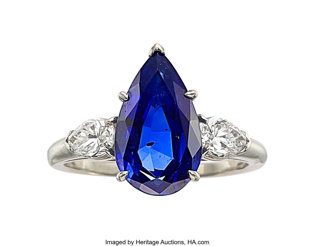 Burma Sapphire, Diamond, Platinum Ring Stones: : Burma Sapphire, Diamond, Platinum Ring Stones: Pear-shaped sapphire weighing 3.55 carats; pear-shaped diamonds weighing a total of approximately 0.45 carat Metal&c