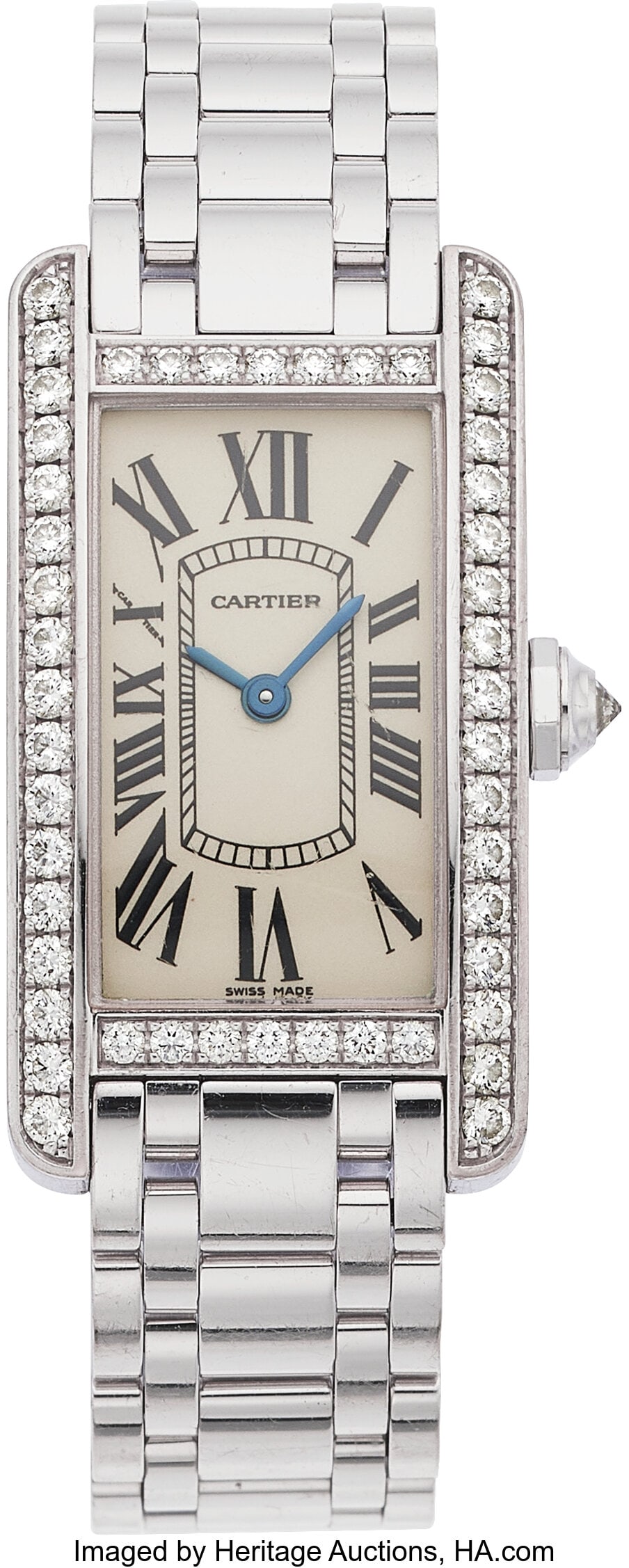 Cartier Diamond, White Gold "Tank Américaine" : Cartier Diamond, White Gold "Tank Américaine" Watch Case: 28 x 19, rectangle, 18k white gold, caseback secured by 4 screws, inverted diamond crown, min