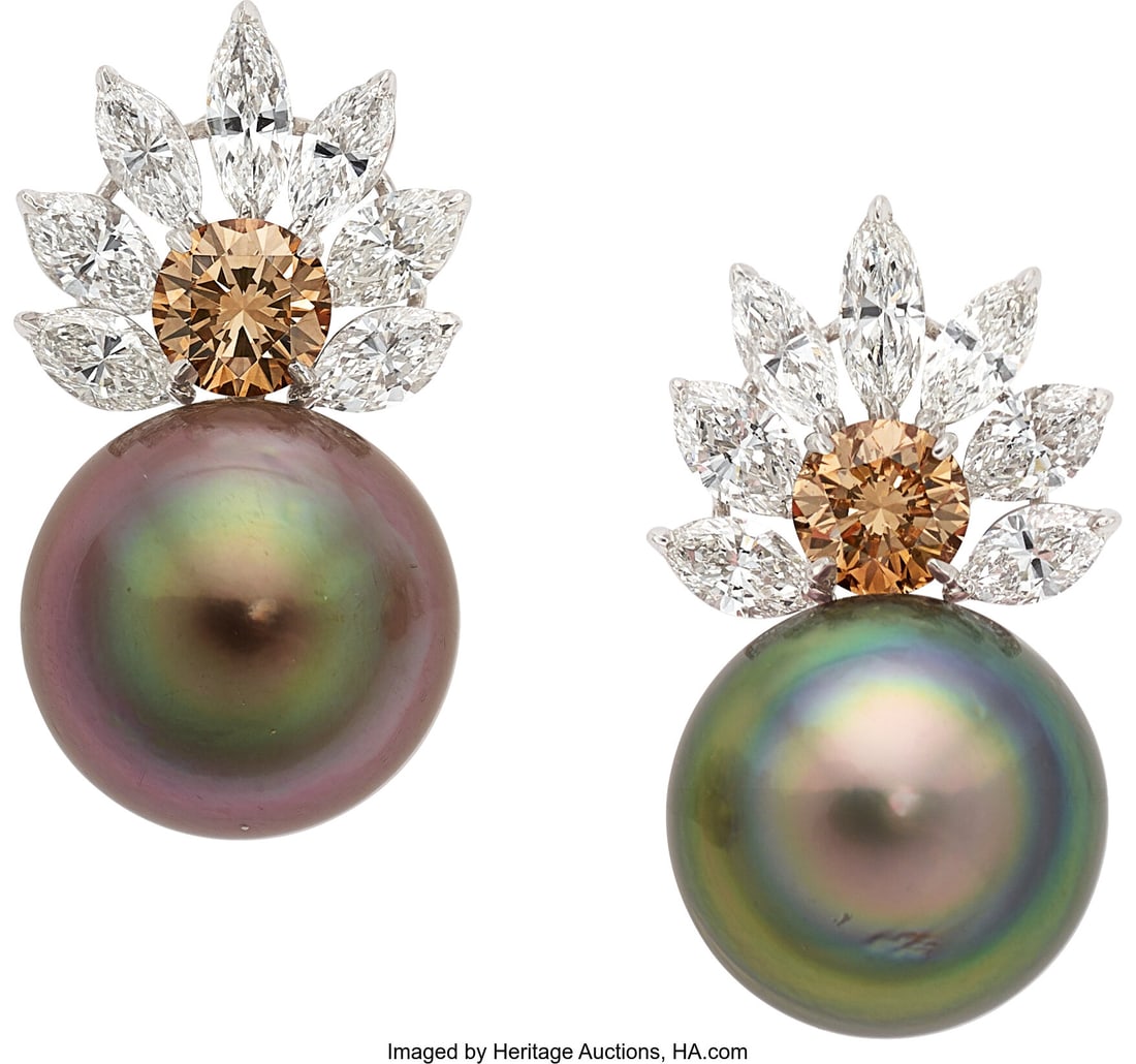 South Sea Cultured Pearl, Colored Diamond, Diam: South Sea Cultured Pearl, Colored Diamond, Diamond, Platinum Earrings Stones: Marquise-shaped diamonds weighing a total of approximately 3.00 carats; round brillian