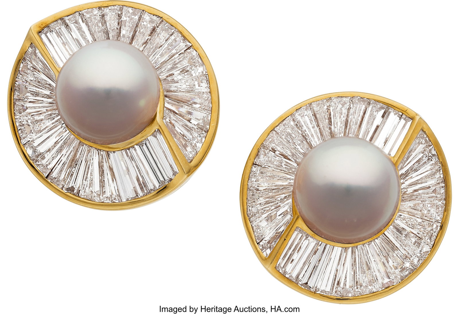 Jacques Timey for Harry Winston South Sea Cultur: Jacques Timey for Harry Winston South Sea Cultured Pearl, Diamond, Gold Earrings Stones: Baguette and tapered baguette-cut diamonds weighing a total of approximately 9.00 cara