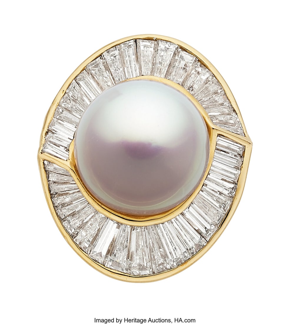 Jacques Timey for Harry Winston South Sea Cultur: Jacques Timey for Harry Winston South Sea Cultured Pearl, Diamond, Gold Ring Stones: Baguette and tapered baguette-cut diamonds weighing a total of approximately 4.30 carats P