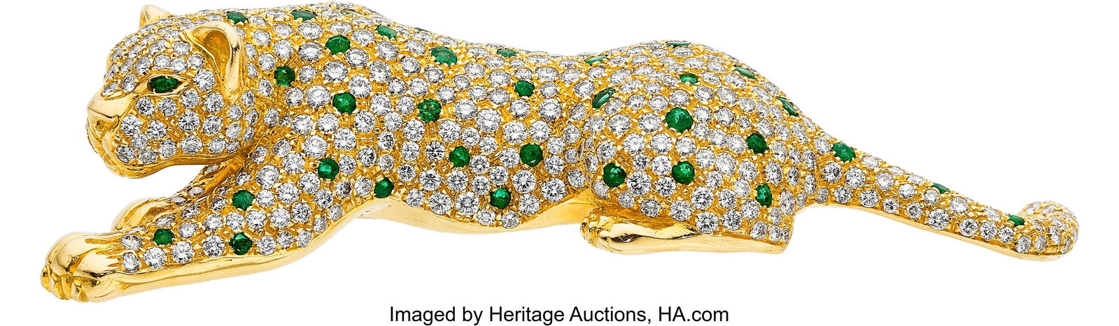 Diamond, Emerald, Gold Brooch Stones: Full-cut : Diamond, Emerald, Gold Brooch Stones: Full-cut diamonds weighing a total of approximately 20.00 carats; round-shaped emeralds weighing a total of approximately 3.1