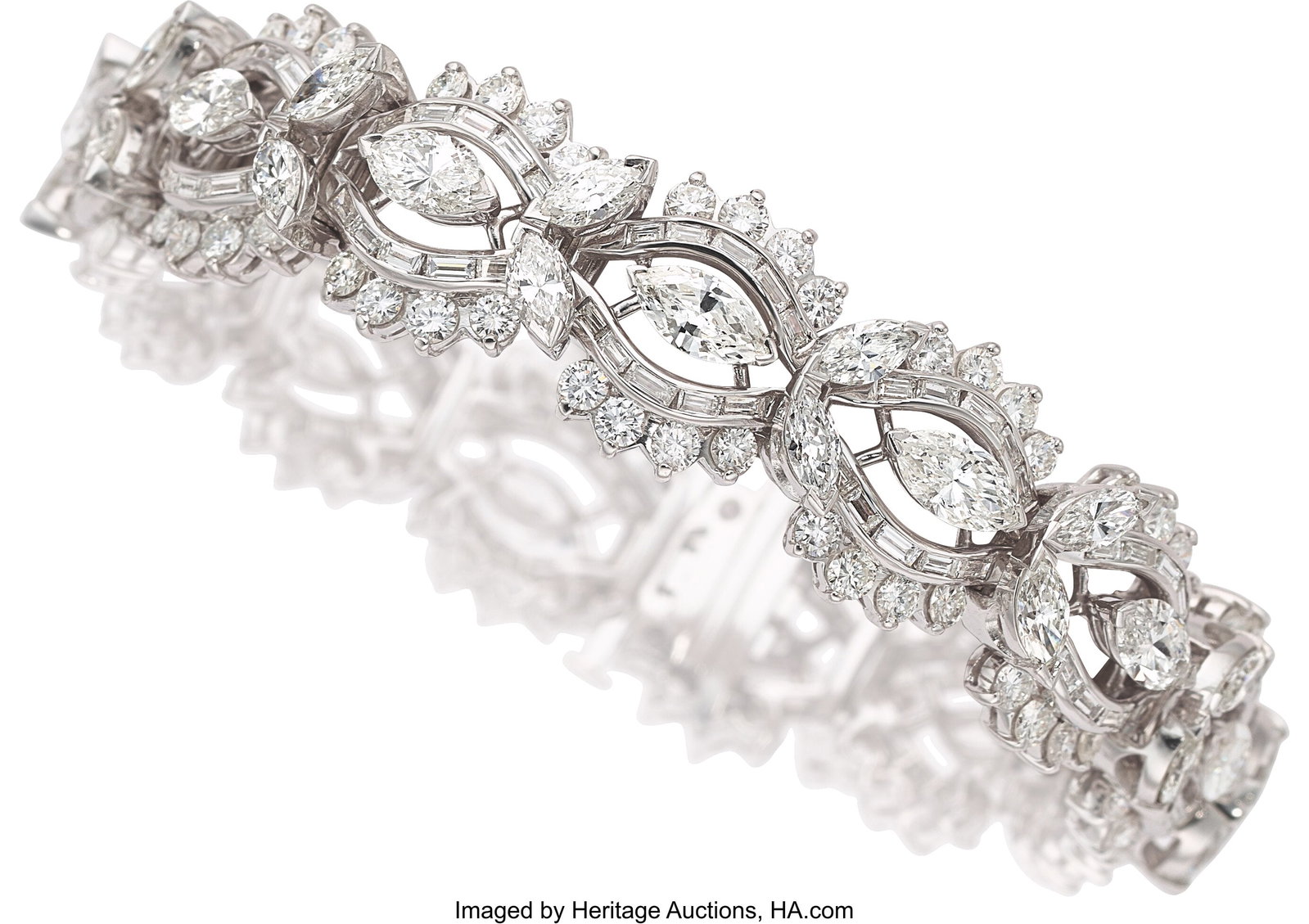 Diamond, Platinum Bracelet Stones: Marquise-sha: Diamond, Platinum Bracelet Stones: Marquise-shaped diamonds weighing a total of approximately 9.00 carats; full-cut diamonds weighing a total of approximately 6.00 carat