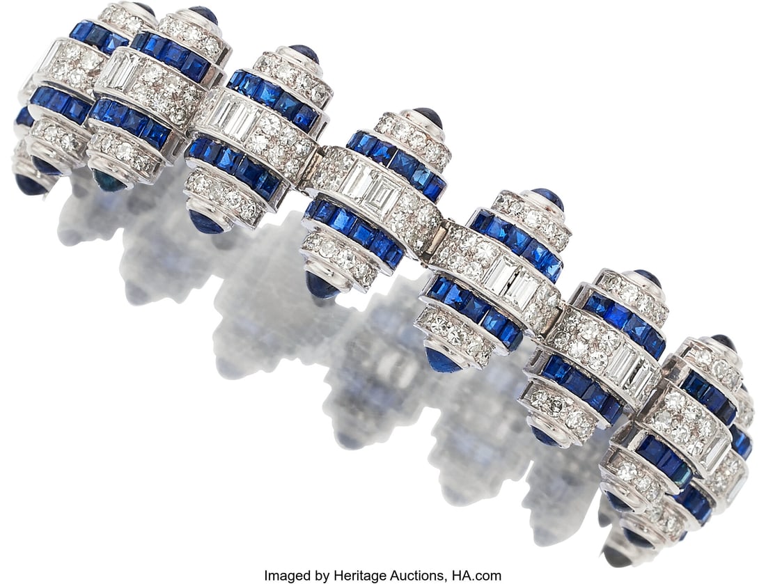 Bvlgari Art Deco Sapphire, Diamond, Platinum Br: Bvlgari Art Deco Sapphire, Diamond, Platinum Bracelet, circa 1935 Stones: Baguette-cut diamonds weighing a total of approximately 4.00 carats; single-cut diamonds w
