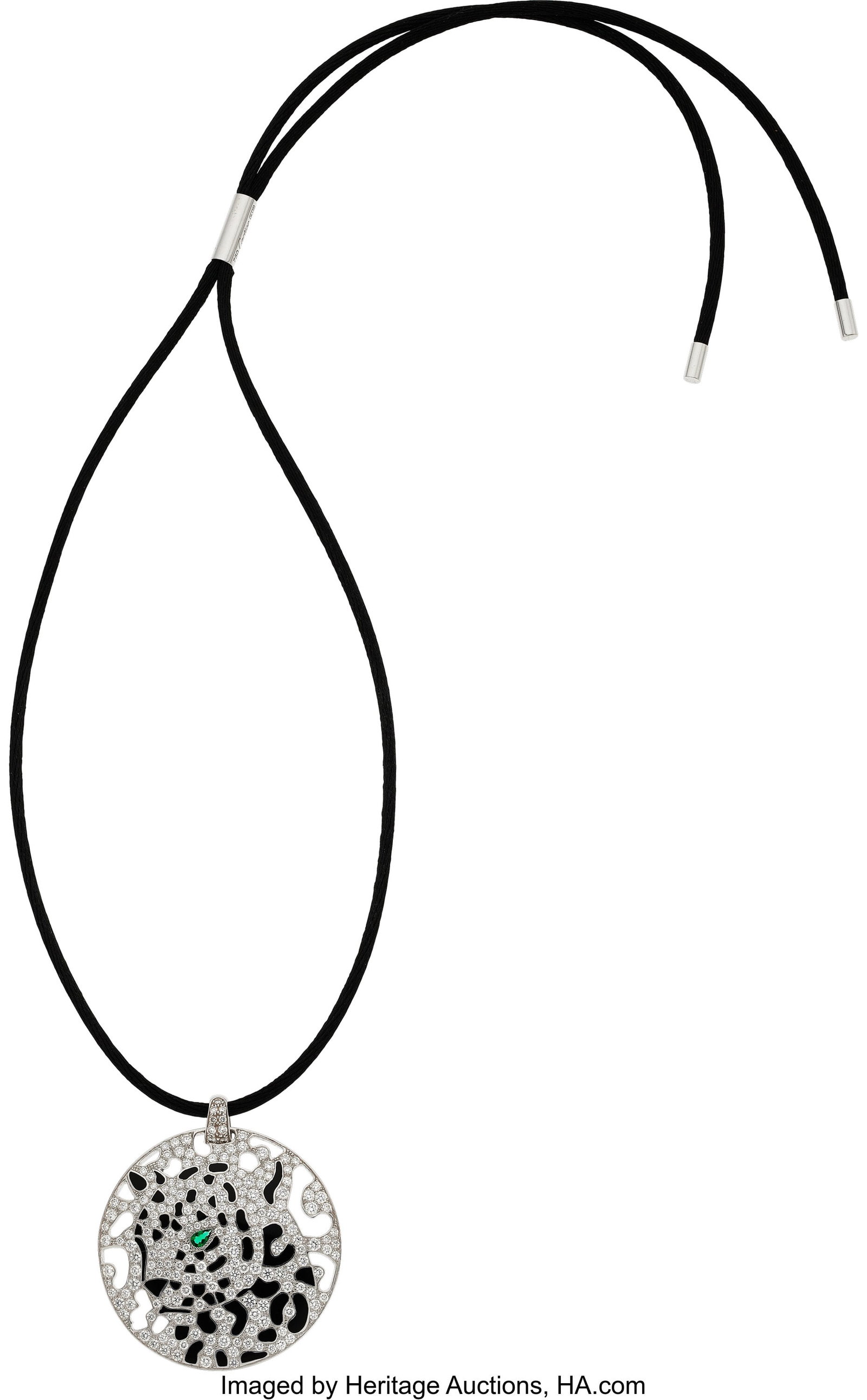 Cartier Diamond, Emerald, Black Lacquer, White : Cartier Diamond, Emerald, Black Lacquer, White Gold Pendant-Necklace Stones: Full-cut diamonds weighing a total of approximately 2.50 carats; pear-shaped emerald we