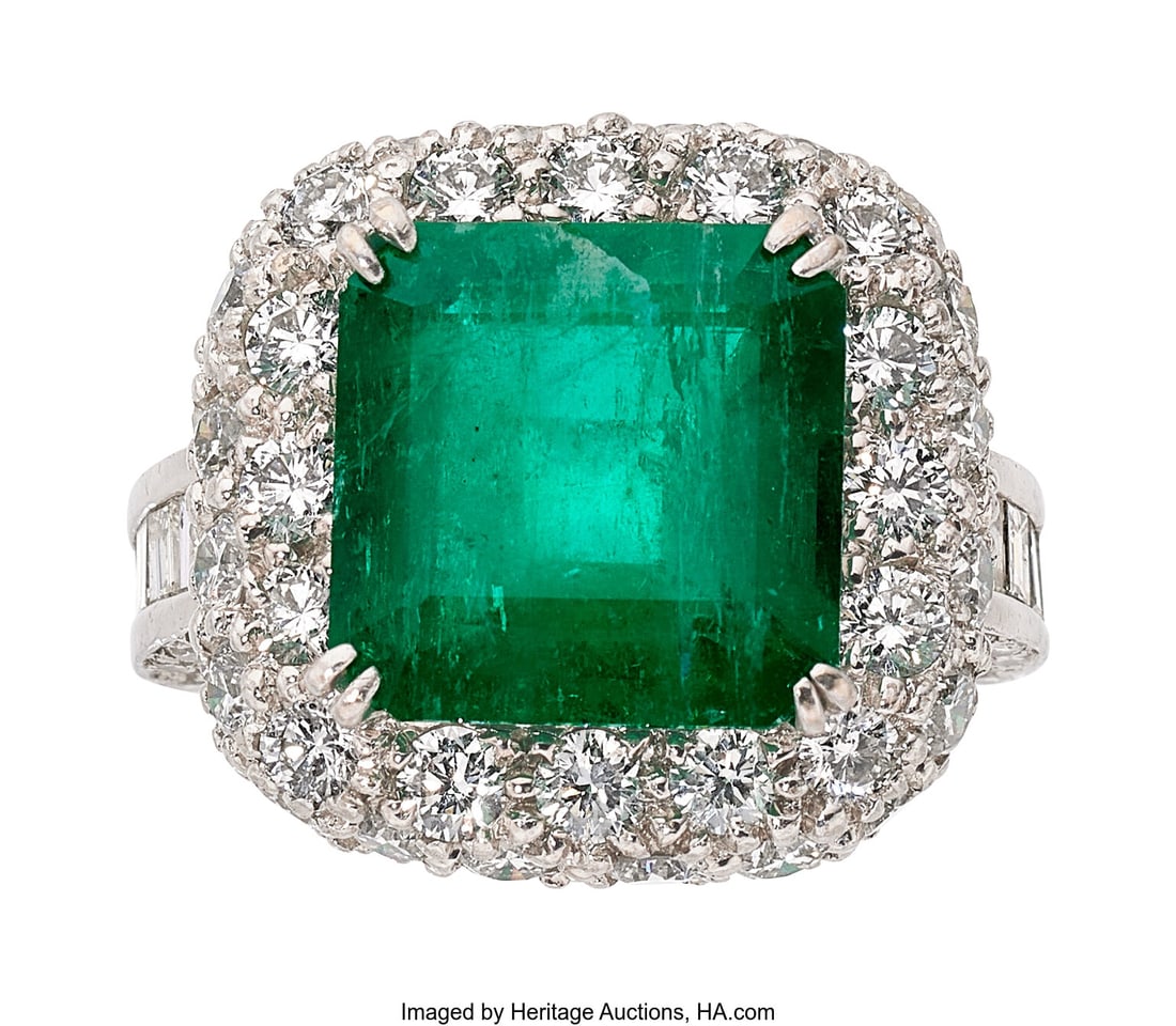 Colombian Emerald, Diamond, White Gold Ring Sto: Colombian Emerald, Diamond, White Gold Ring Stones: Square-shaped emerald weighing approximately 6.00 carats; full-cut diamonds weighing a total of approximately 3&period