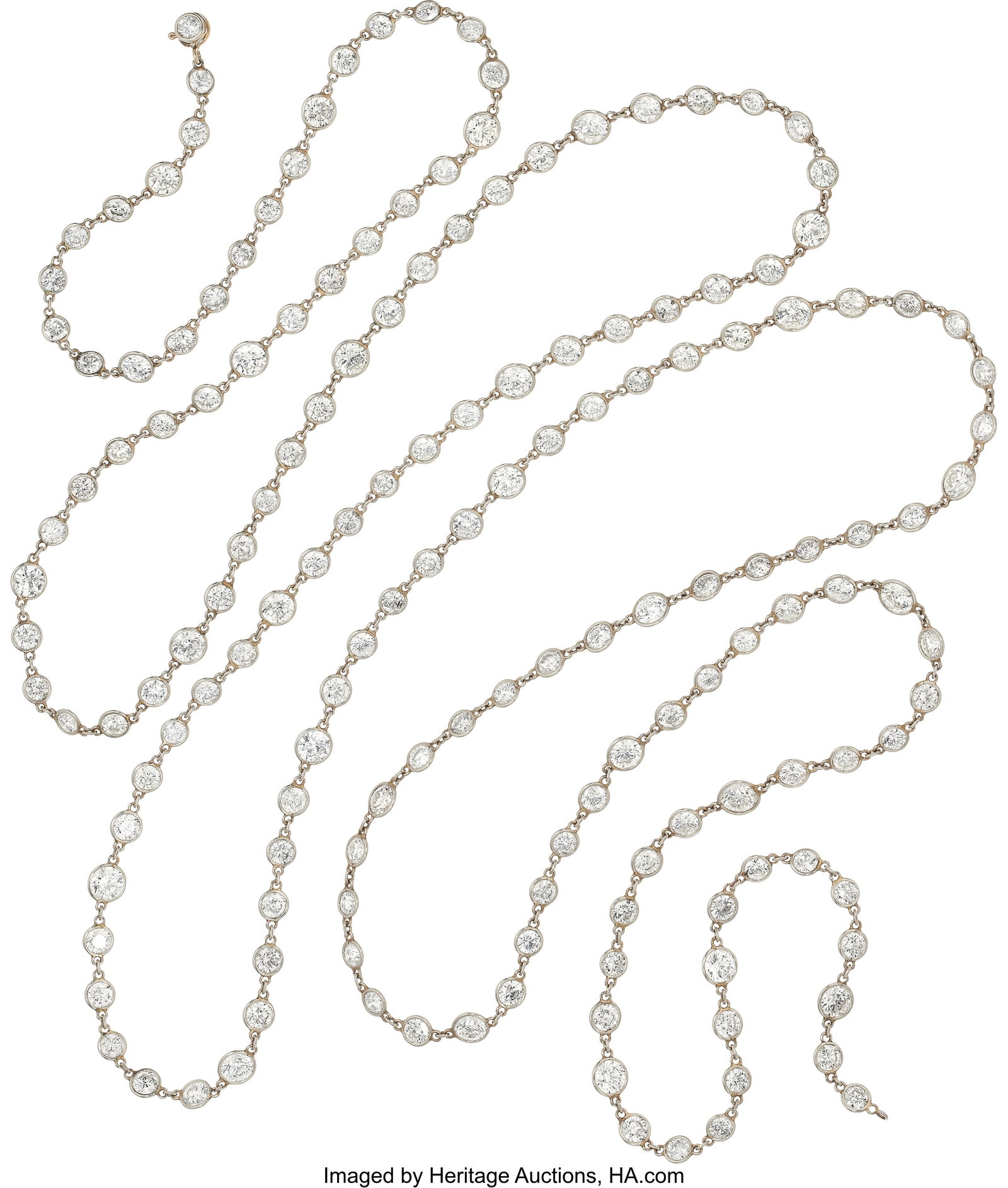 Diamond, White Metal Necklace Stones: Full-cut : Diamond, White Metal Necklace Stones: Full-cut diamonds weighing a total of approximately 43.85 carats Metal: White metal Gross Weight: 24.10 grams Necklace Lengt