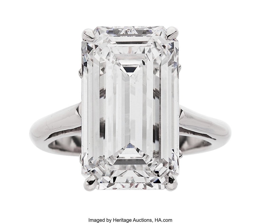 Diamond, Platinum Ring Stones: Emerald-cut diam: Diamond, Platinum Ring Stones: Emerald-cut diamond weighing 8.17 carats Metal: Platinum Gross Weight: 7.50 grams Size: 5-1/2 (sizeable) GIA Re