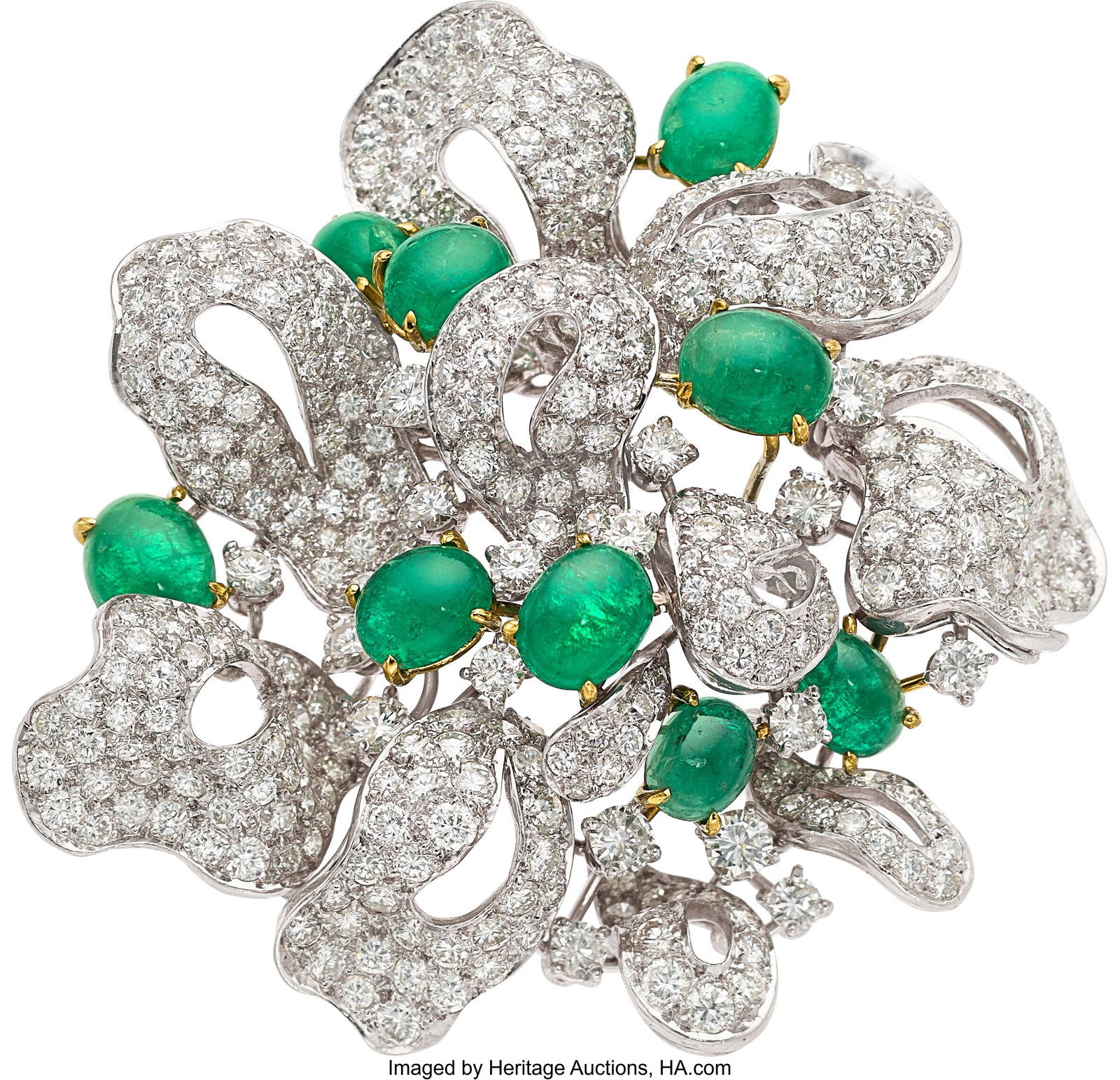 Emerald, Diamond, Platinum Brooch Stones: Emera: Emerald, Diamond, Platinum Brooch Stones: Emerald cabochons; full-cut diamonds weighing a total of approximately 14.50 carats Metal: Platinum, 14k white and y