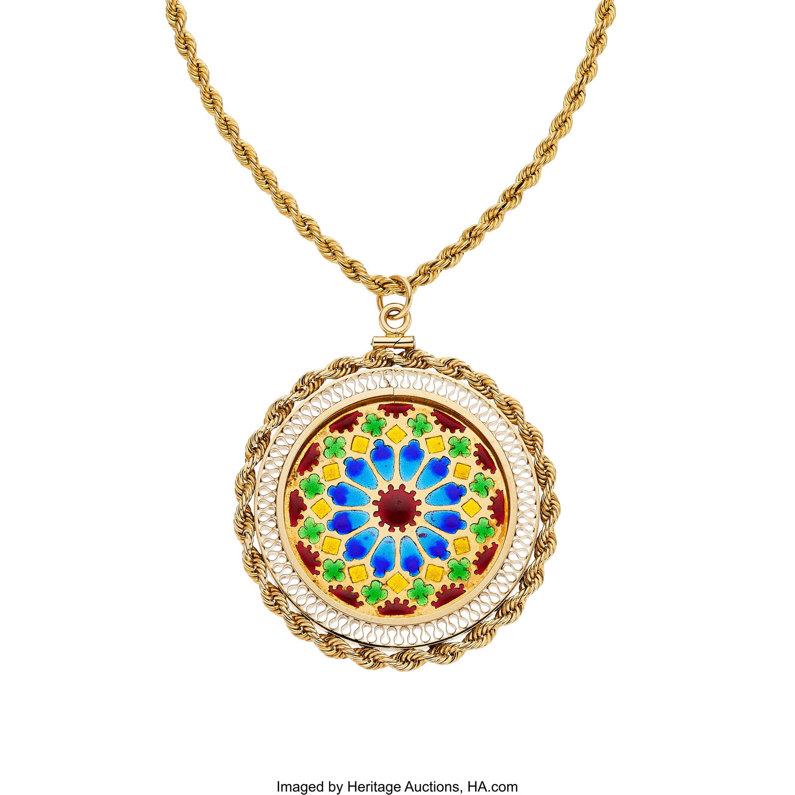 Plique-à-Jour Enamel, Gold Pendant-Necklace El: Plique-à-Jour Enamel, Gold Pendant-Necklace Element: Plique-à-jour enamel Metal: 14k gold Gross Weight: 43.10 grams Pendant Dimensions: 2-1/8 inc