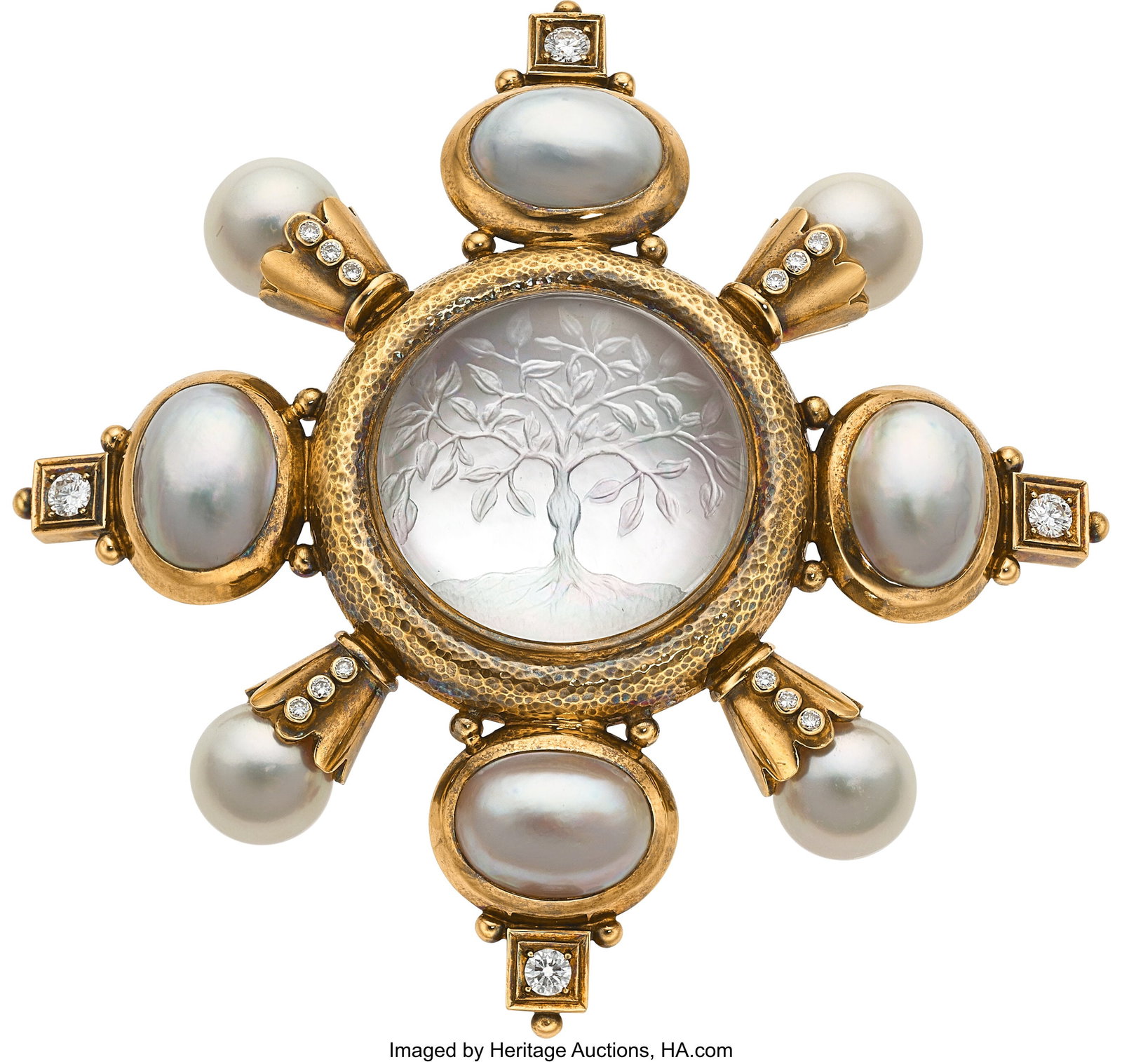 Elizabeth Gage Rock Crystal Quartz, Diamond, Mo: Elizabeth Gage Rock Crystal Quartz, Diamond, Mother-of-Pearl, Cultured Pearl, Mabe Pearl, Gold Convertible Pendant-Brooch, English, circa 2001 Stones: C