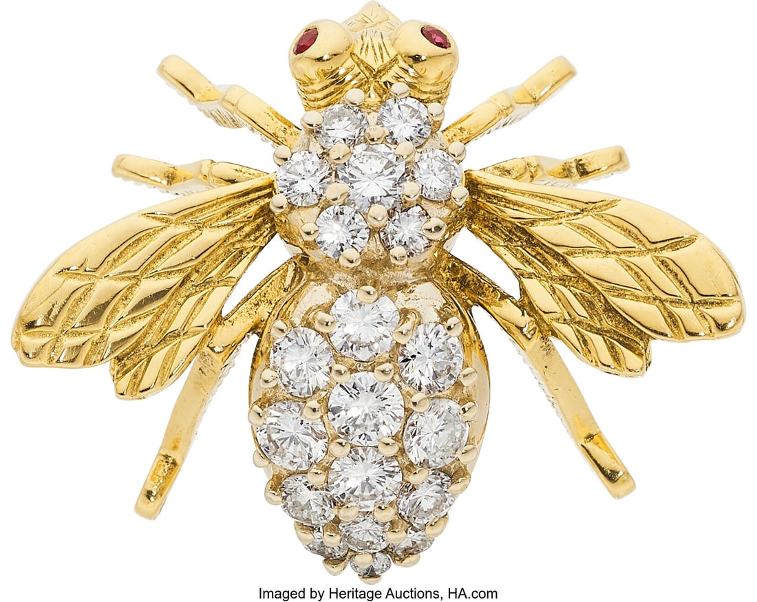 Herbert Rosenthal Diamond, Ruby, Gold Brooch St: Herbert Rosenthal Diamond, Ruby, Gold Brooch Stones: Full-cut diamonds weighing a total of approximately 1.75 carats; round-shaped rubies Metal: 18k gold Marked&col