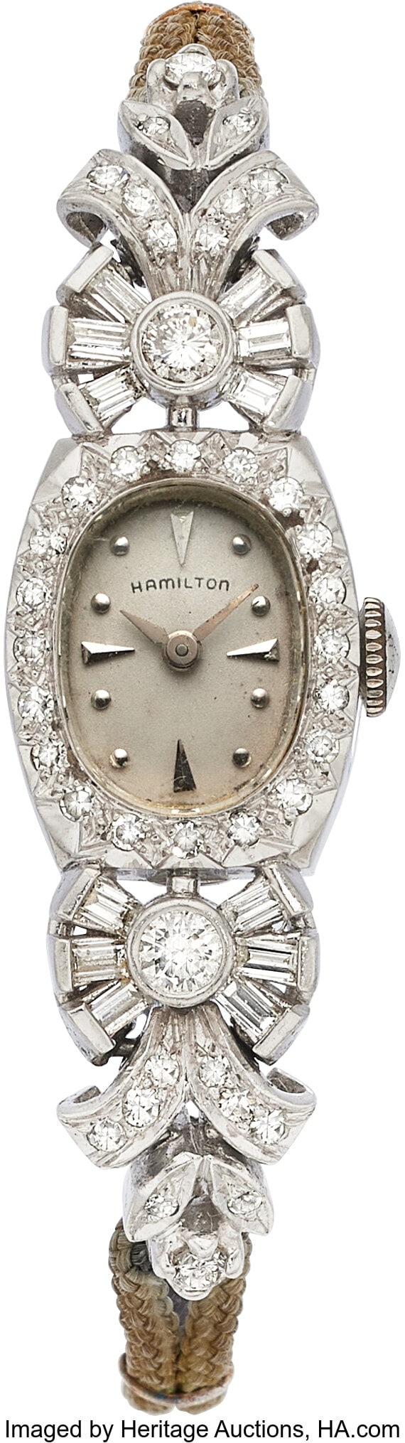 Hamilton Diamond, Platinum Watch Case: 18 x 14 : Hamilton Diamond, Platinum Watch Case: 18 x 14 mm, tonneau, platinum, snapback, diamond-set bezel, 646677 Dial: Silvered, silver-tone dot and delt