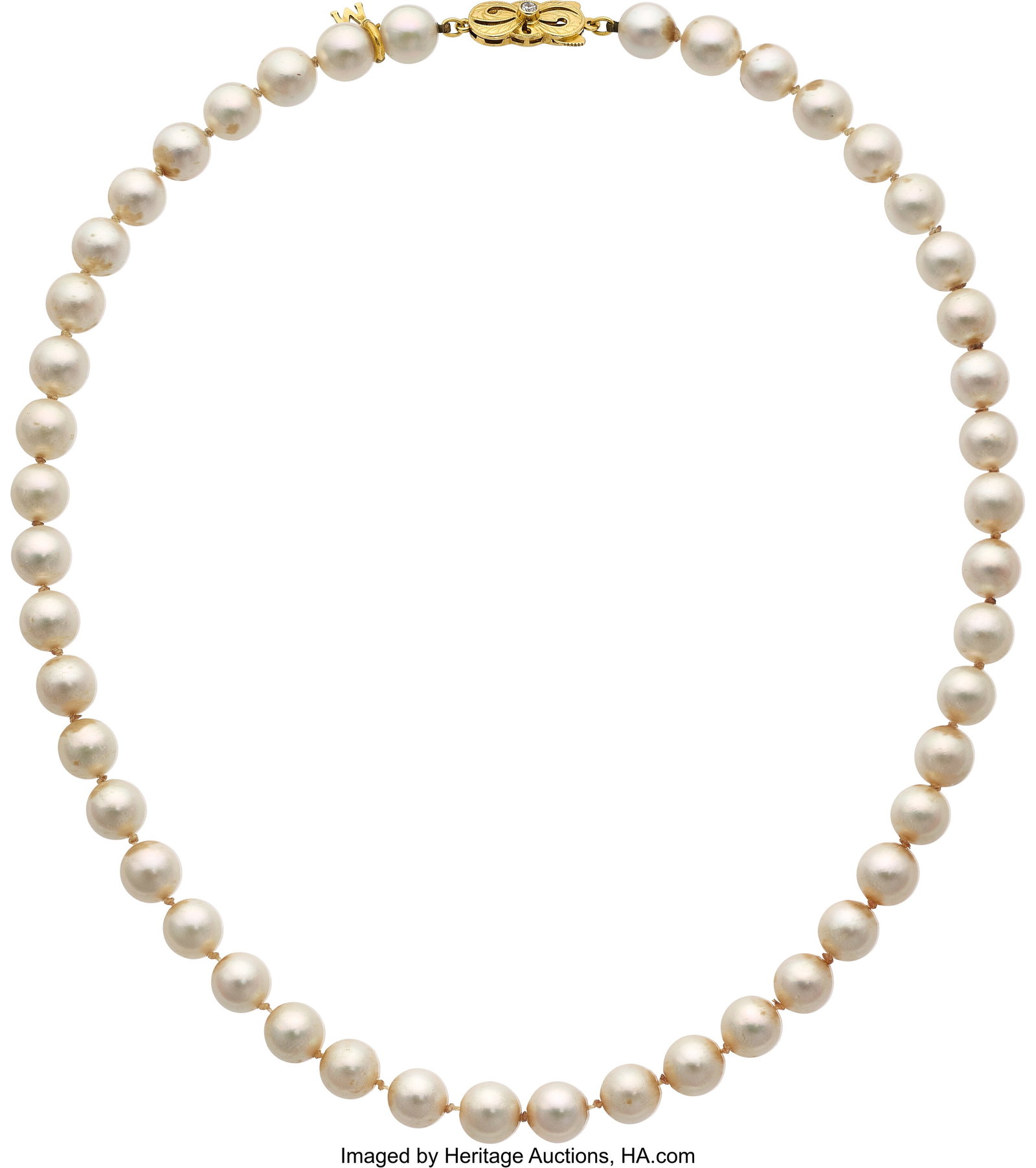 Mikimoto Cultured Pearl, Diamond, Gold Necklace : Mikimoto Cultured Pearl, Diamond, Gold Necklace Stones: Full-cut diamond Pearls: Cultured pearls measuring 8.00 - 8.30 mm Metal: 18k gold Marked: for 