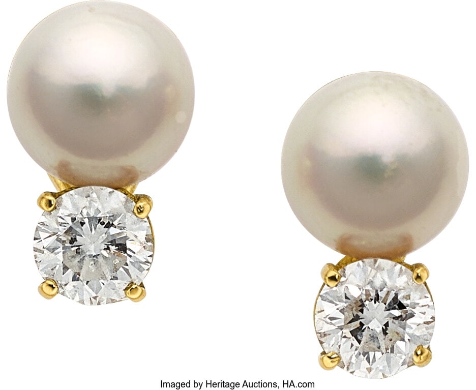 Mikimoto Diamond, Cultured Pearl, Gold Earrings : Mikimoto Diamond, Cultured Pearl, Gold Earrings Stones: Round brilliant-cut diamonds weighing a total of approximately 1.80 carats Pearls: Cultured pearls measuring 9&pe