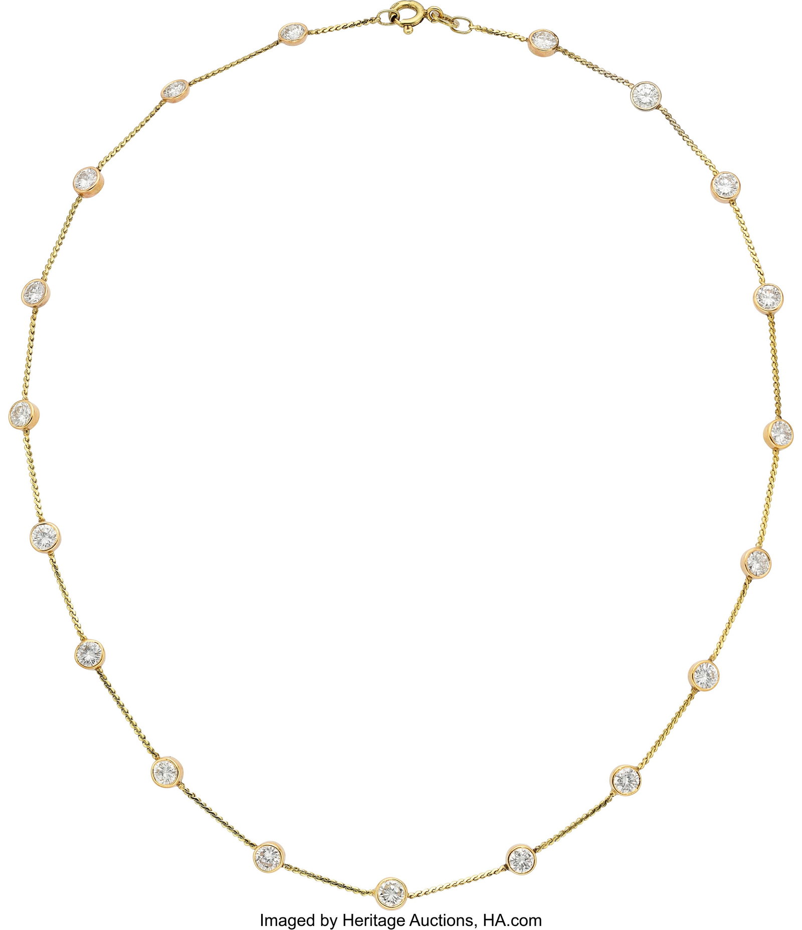 Diamond, Gold Necklace Stones: Full-cut diamond: Diamond, Gold Necklace Stones: Full-cut diamonds weighing a total of approximately 4.50 carats Metal: 14k gold Gross Weight: 5.30 grams Dimensions: 15 inche
