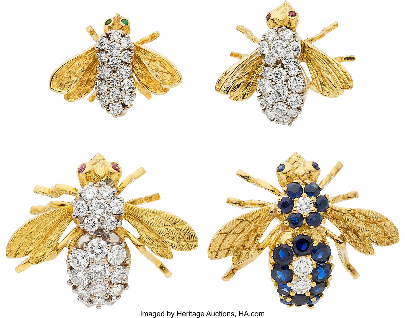 Diamond, Sapphire, Ruby, Gold Brooches Stones: : Diamond, Sapphire, Ruby, Gold Brooches Stones: Full-cut diamonds weighing a total of approximately 2.00 carats; round-shaped sapphires weighing a total of approxima