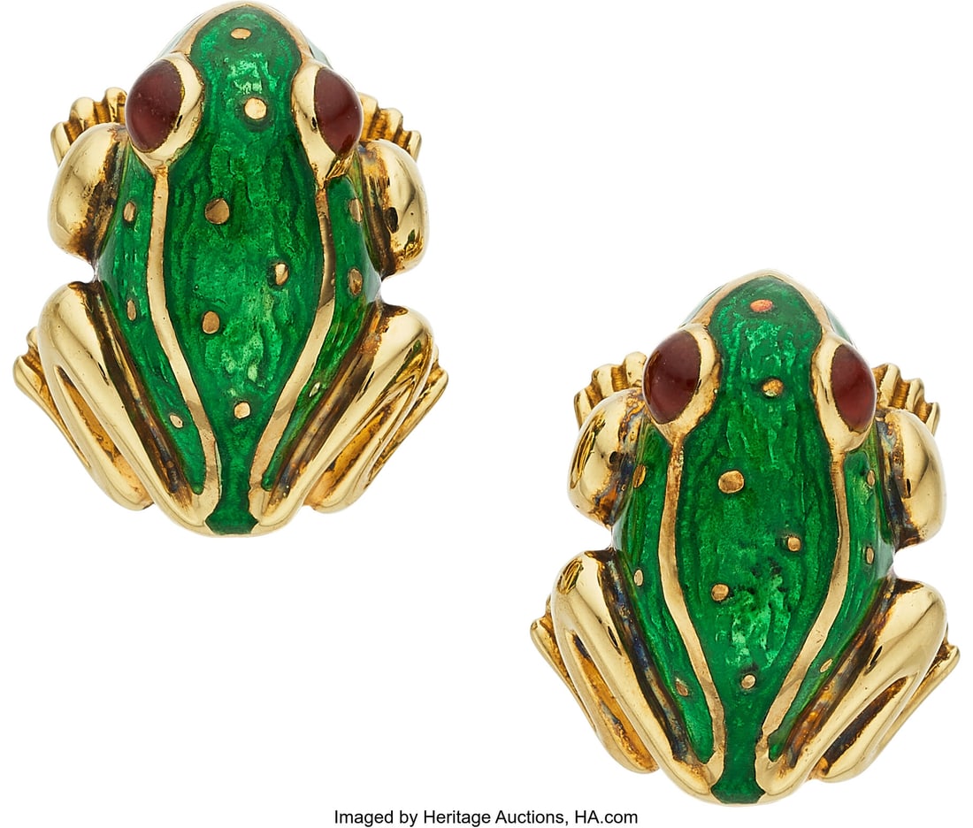 David Webb Ruby, Enamel, Gold Earrings Stones: : David Webb Ruby, Enamel, Gold Earrings Stones: Ruby cabochons Element: Enamel Metal: 18k gold Marked: for David Webb Collection: Kingdom Gross Weight: 1