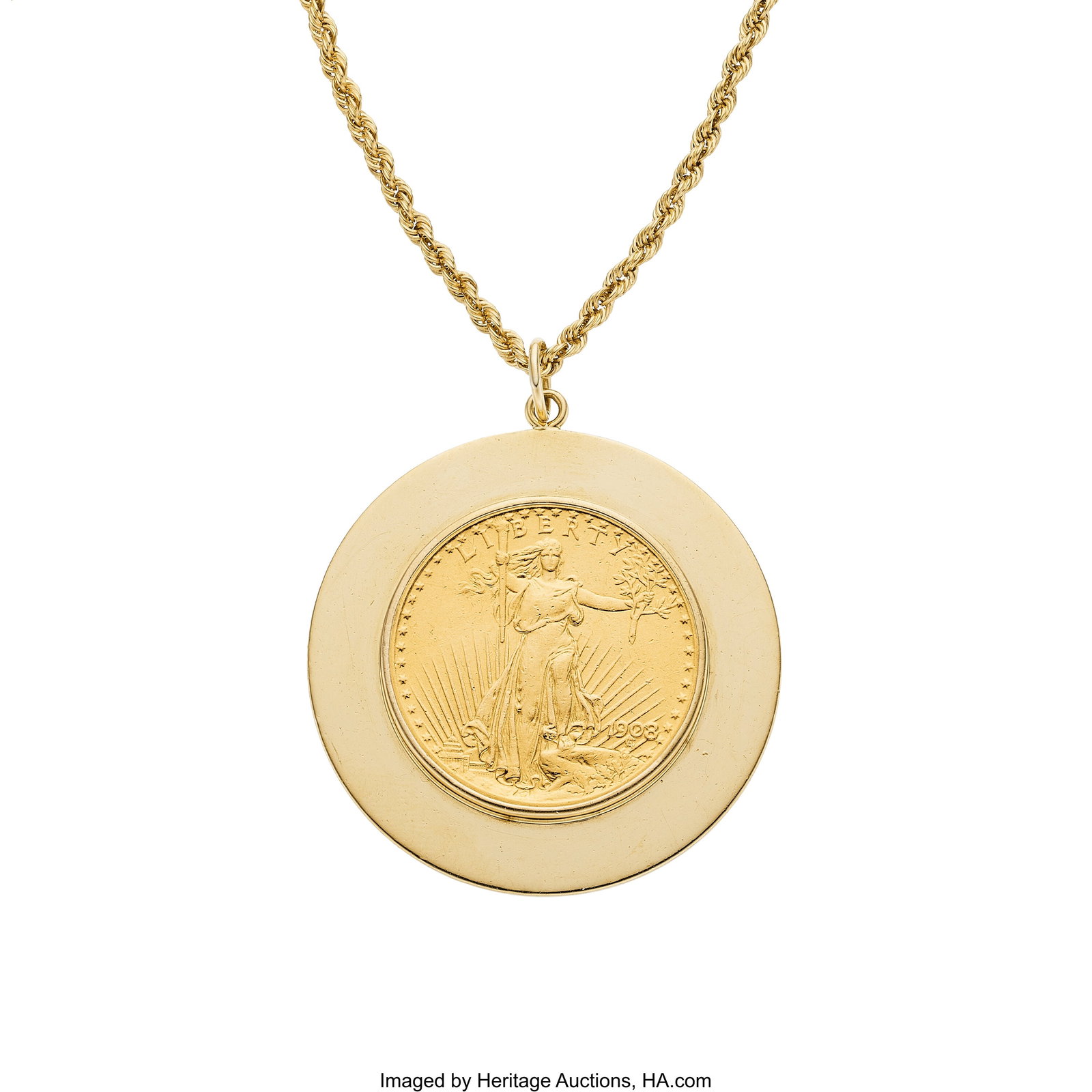 U.S. Gold Coin, Gold Pendant-Necklace Coins: 19: U.S. Gold Coin, Gold Pendant-Necklace Coins: 1908 U.S. $20 gold coin Metal: 14k gold Gross Weight: 77.30 grams Chain Dimensions: