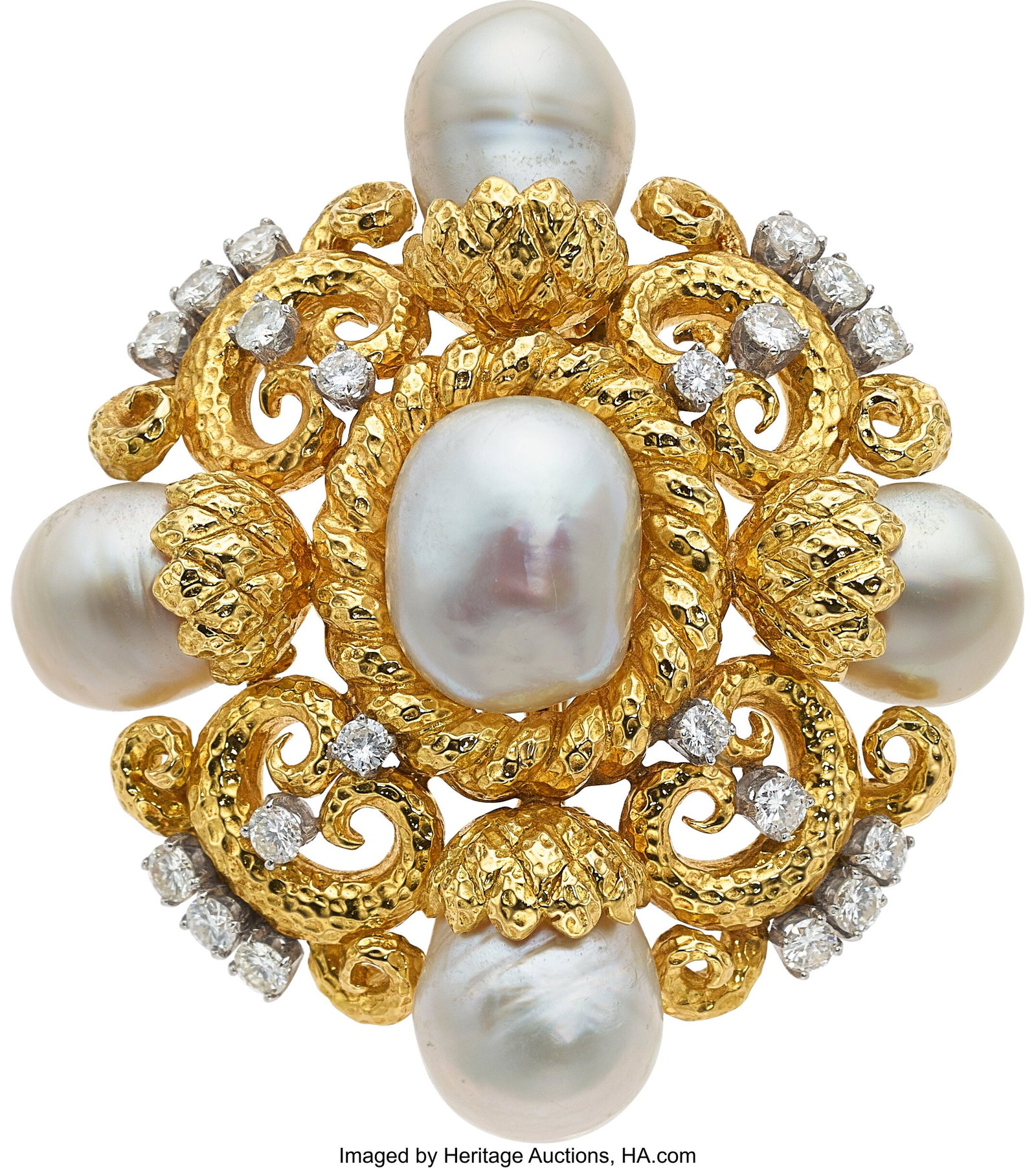David Webb Diamond, South Sea Cultured Pearl, P: David Webb Diamond, South Sea Cultured Pearl, Platinum, Gold Convertible Pendant-Brooch Stones: Full-cut diamonds weighing a total of approximately 2.50 carats Pearls&co