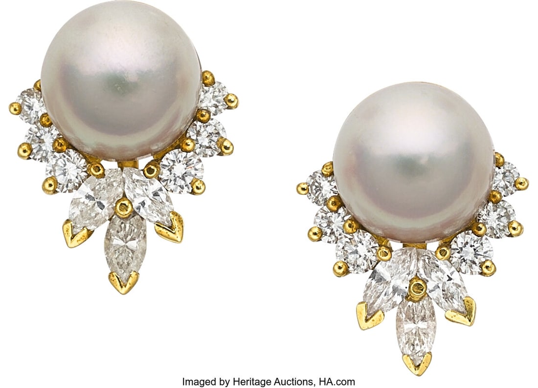 Mikimoto Diamond, Cultured Pearl, Gold Earrings  (1 of 2)