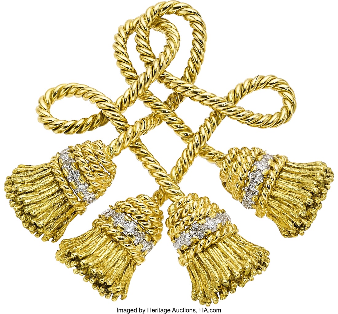 Tiffany & Co. Diamond, Gold Brooch, circa 1960 : Tiffany & Co. Diamond, Gold Brooch, circa 1960 Stones: Full-cut diamonds weighing a total of approximately 1.00 carat Metal: 18k gold Marked: Tiffany &a