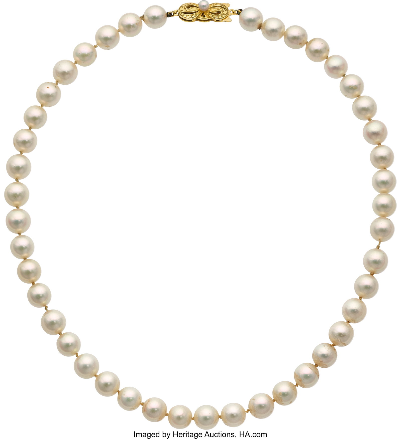 Mikimoto Cultured Pearl, Gold Necklace Pearls: : Mikimoto Cultured Pearl, Gold Necklace Pearls: Cultured pearls measuring 7.40 - 7.80 mm Metal: 18k gold Marked: for Mikimoto Gross Weight: 29.60