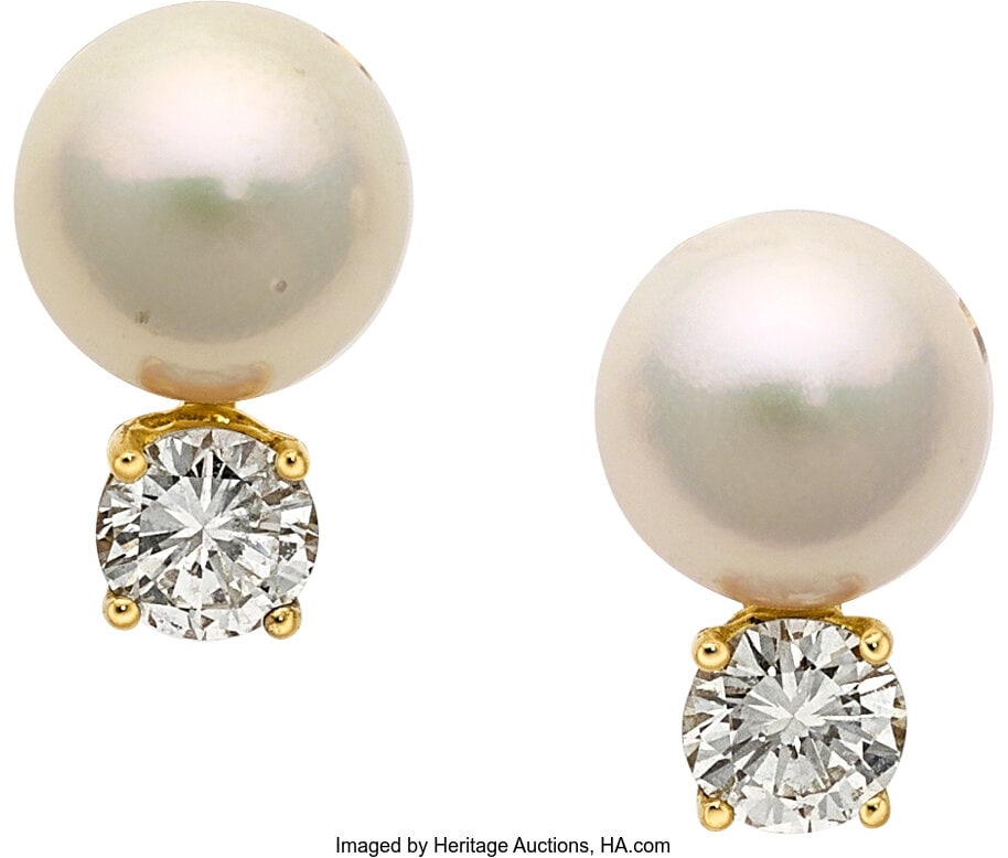 Mikimoto Cultured Pearl, Diamond, Gold Earrings : Mikimoto Cultured Pearl, Diamond, Gold Earrings Stones: Round brilliant-cut diamonds weighing a total of approximately 1.00 carats Pearls: Cultured pearls measuring 9&pe