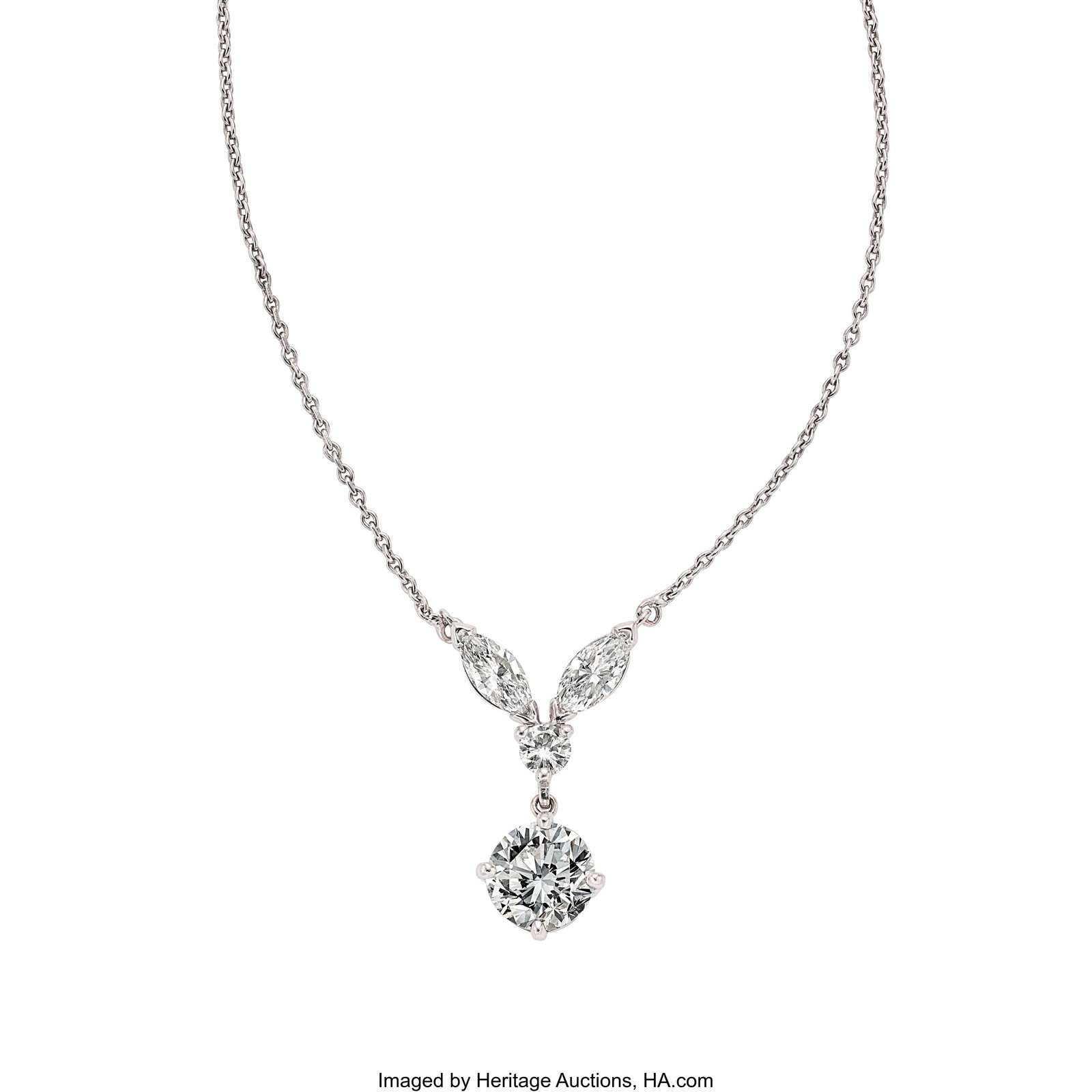 Diamond, Platinum Necklace Stones: Round brilli: Diamond, Platinum Necklace Stones: Round brilliant-cut diamond weighing 2.00 carats; full-cut diamond weighing approximately 0.20 carat; marquise-shaped diamonds we