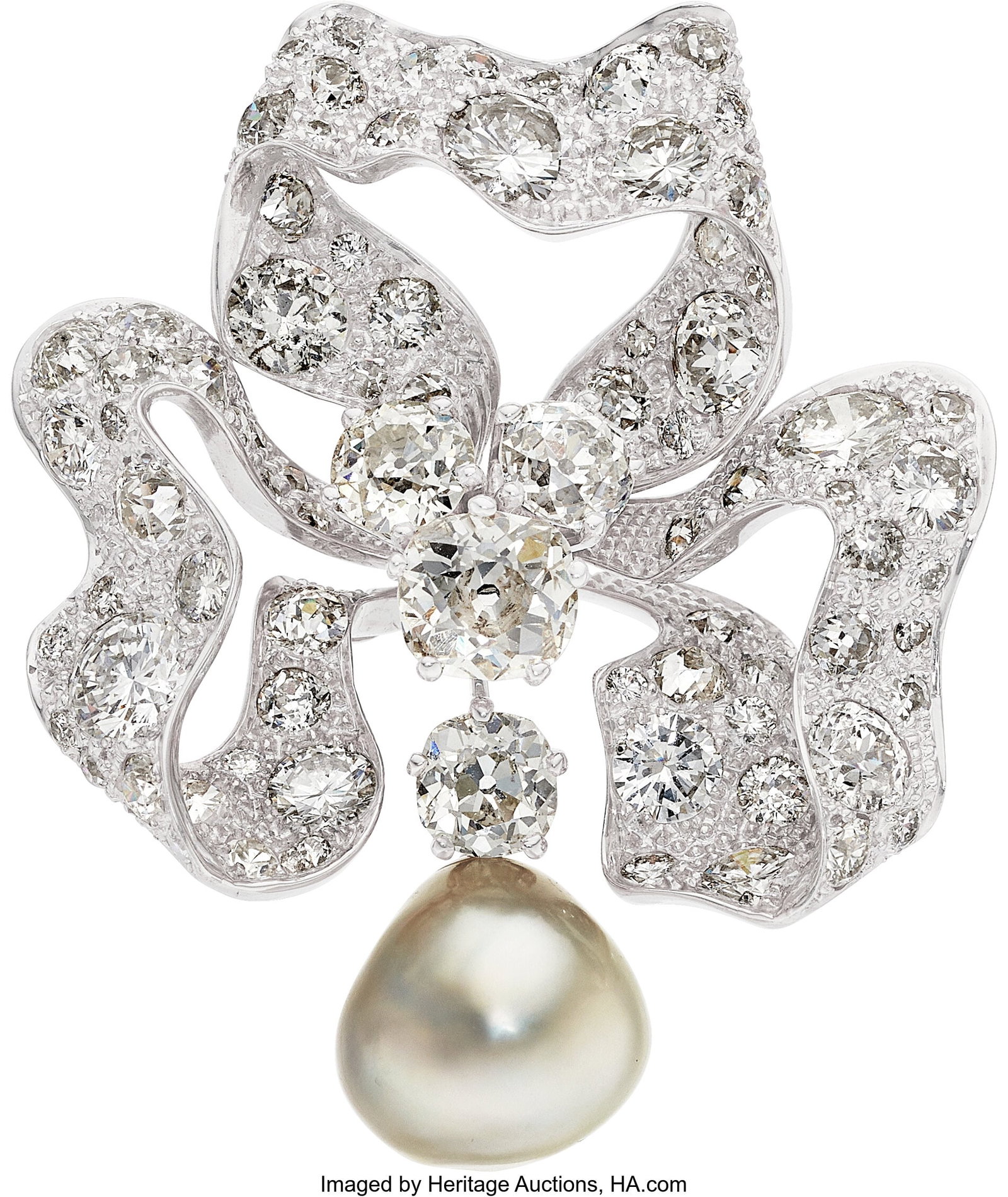 Meister Cultured Pearl, Diamond, White Gold Bro: Meister Cultured Pearl, Diamond, White Gold Brooch Stones: Mine-cut diamonds weighing a total of approximately 1.65 carats; European-cut diamonds weighing a total of appr