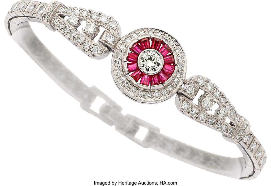 Art Deco Diamond, Synthetic Ruby, Palladium Bra: Art Deco Diamond, Synthetic Ruby, Palladium Bracelet Stones: Full-cut diamonds weighing a total of approximately 0.35 carat; single-cut diamonds weighing a total of appro