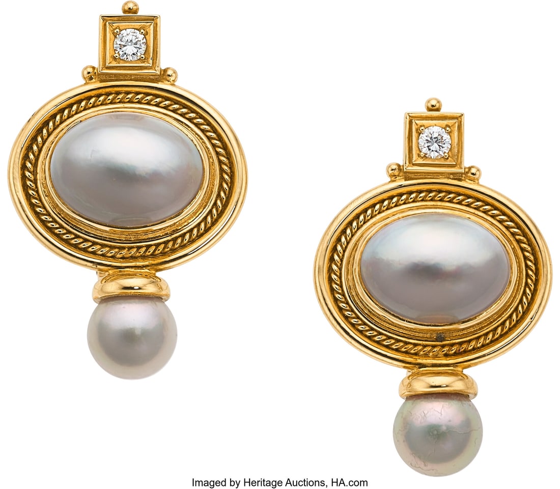 Elizabeth Gage Diamond, Cultured Pearl, Mabe Pe: Elizabeth Gage Diamond, Cultured Pearl, Mabe Pearl, Gold Earrings, English, circa 1997 Stones: Full-cut diamonds weighing a total of approximately 0.15 carat