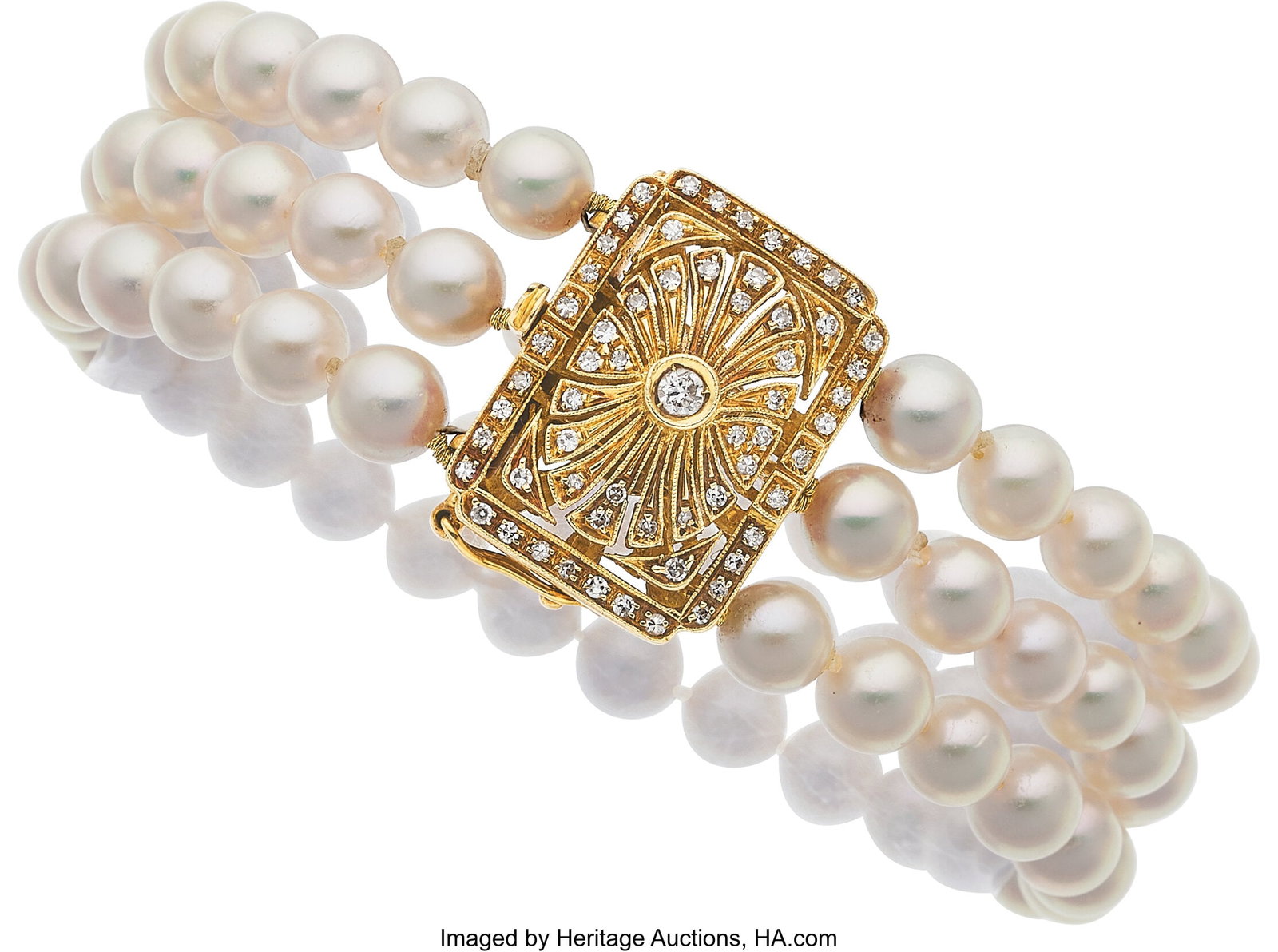 Mikimoto Cultured Pearl, Diamond, Gold Bracelet : Mikimoto Cultured Pearl, Diamond, Gold Bracelet Stones: Full-cut diamonds weighing a total of approximately 0.35 carat Pearls: Cultured pearls measuring 6.00 - 6&