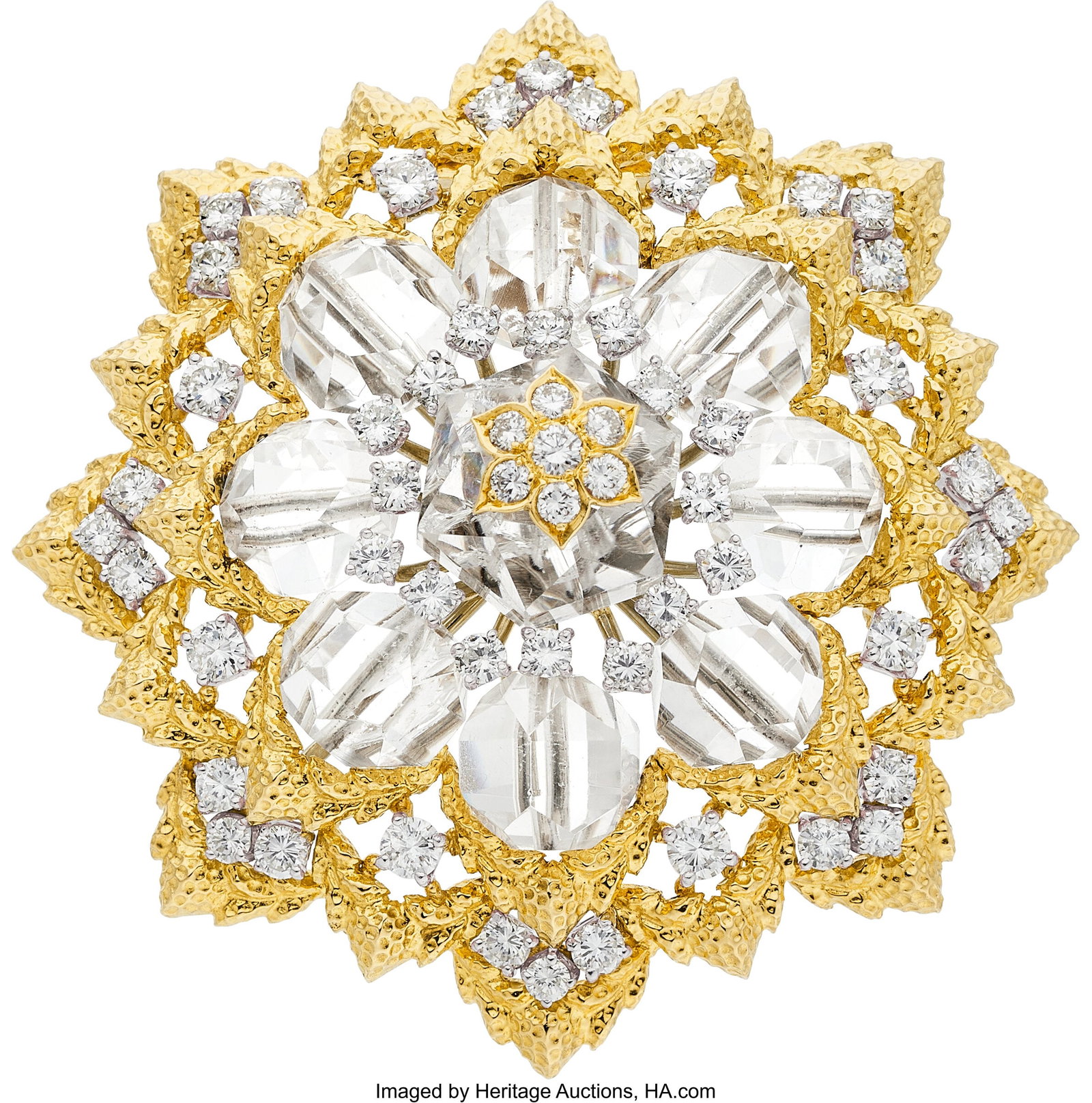 David Webb Diamond, Rock Crystal Quartz, Platin: David Webb Diamond, Rock Crystal Quartz, Platinum, Gold Pendant-Brooch Stones: Full-cut diamonds weighing a total of approximately 5.00 carats; carved rock crystal 