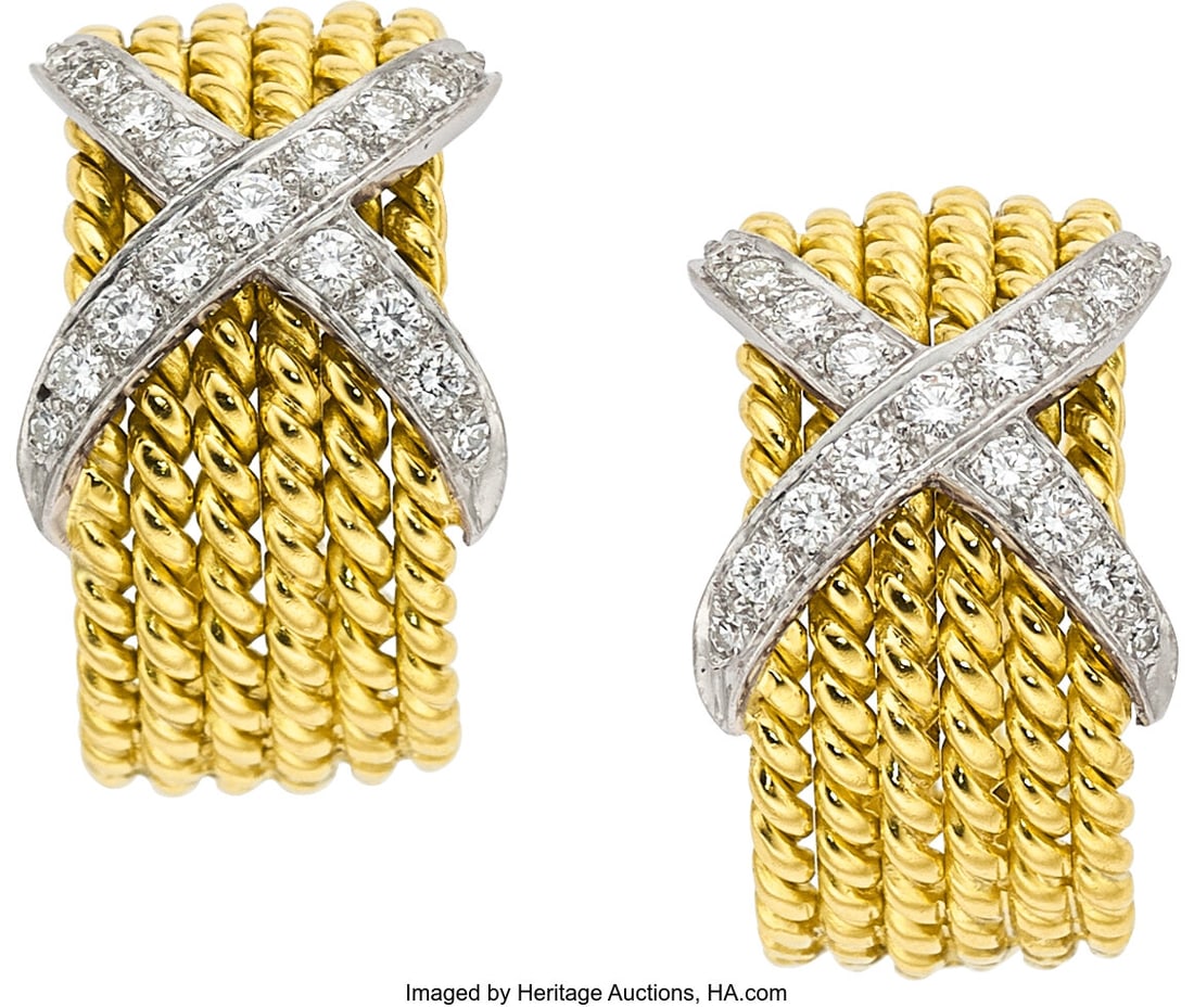 Schlumberger for Tiffany & Co. Diamond, Platinu: Schlumberger for Tiffany & Co. Diamond, Platinum, Gold Earrings Stones: Full and single-cut diamonds weighing a total of approximately 0.50 carat Metal: Plati