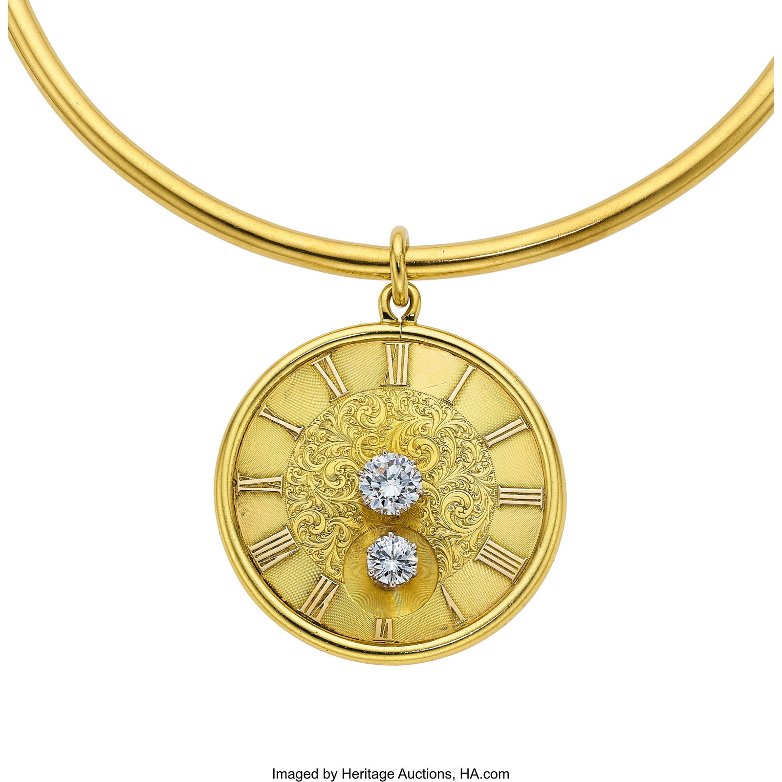 Diamond, Gold Pendant-Necklace Stones: Round br: Diamond, Gold Pendant-Necklace Stones: Round brilliant-cut diamonds weighing a total of 3.66 carats Metal: 18k gold Marked: Gump's (necklace) Gross Weight&colo